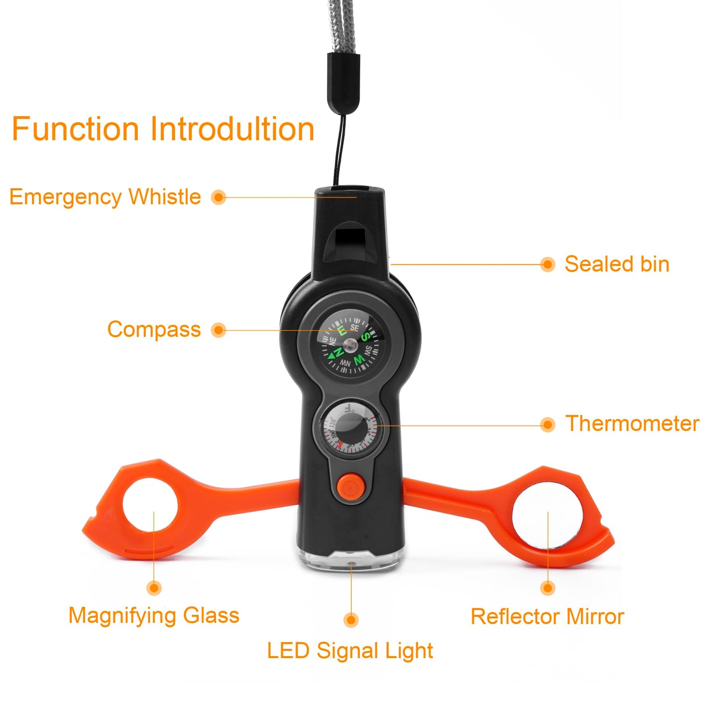 binboll Emergency Survival Function Whistle, Outdoor Multifunctional Tool Safety Whistle with Lanyard, Ideal for Kayaking, Boating, Hiking, Camping, Climbing, Hunting, Fishing (Orange&Black)