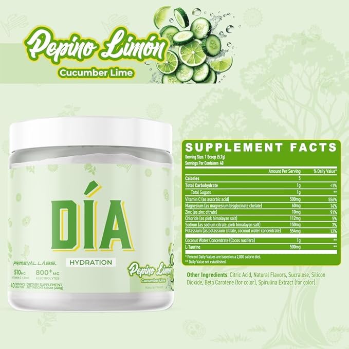 Primeval Labs Dia Hydration Electrolyte Powder | Vitamin C + Zinc, Taurine & Electrolytes | Low Sugar Daily Hydration Drink | 40 Serving Tubs | Pepino Limon