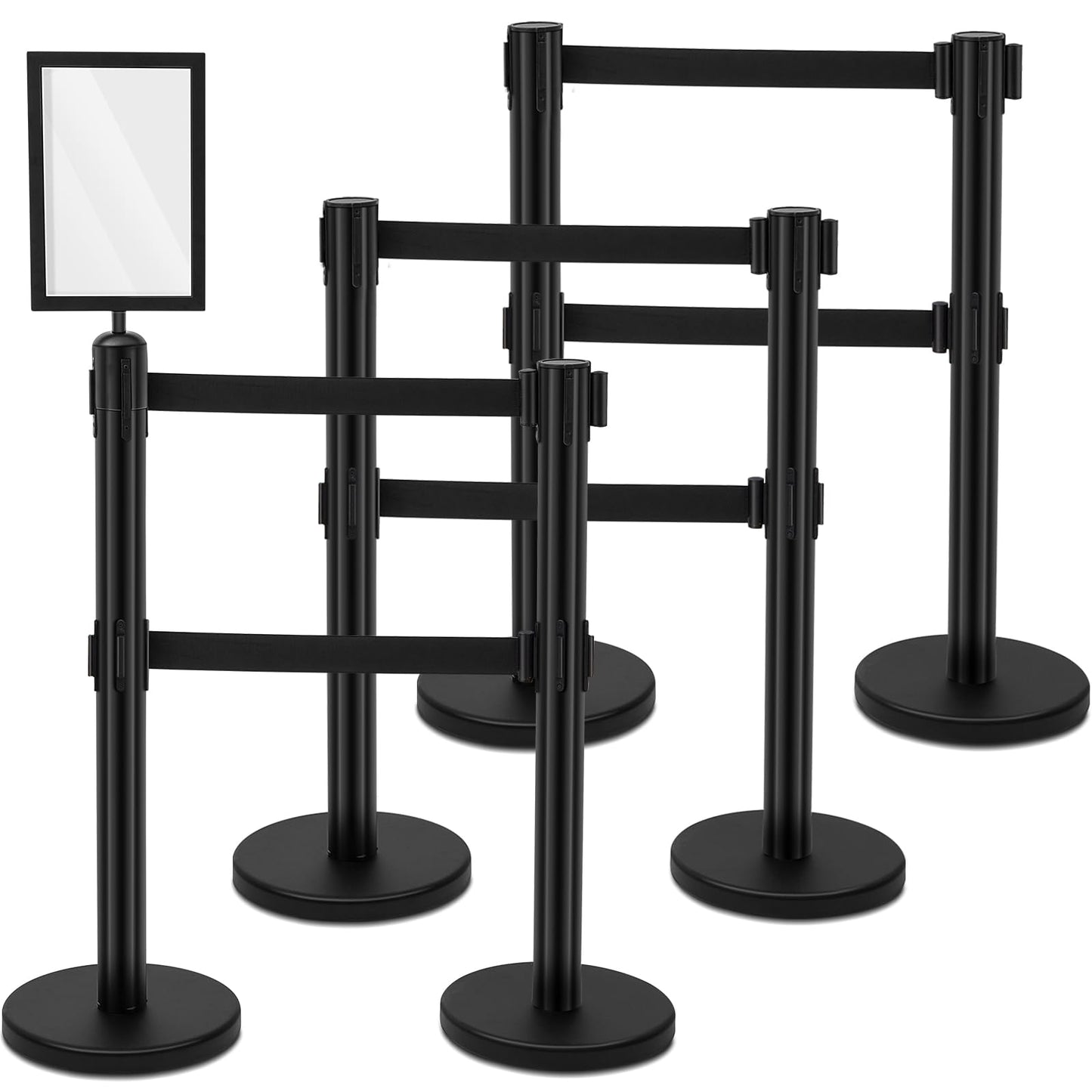 Wonderjune 6 Pcs Crowd Control Stanchions Set Stainless Steel Barrier Post with Dual Retractable Belt 9.8 ft and 1 Sign Holder Crowd Safety Control Barrier Solid Base Easy Connect Assembly
