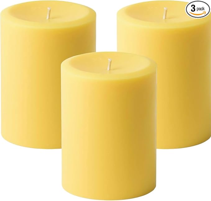 Mister Candle Citronella Candles, Ideal for Outdoor & Indoor Use, 3"x4" Yellow Pillar Candles Set of 3, Hand Poured, Premium Wax & Dripless, 60 Hour Burn Time