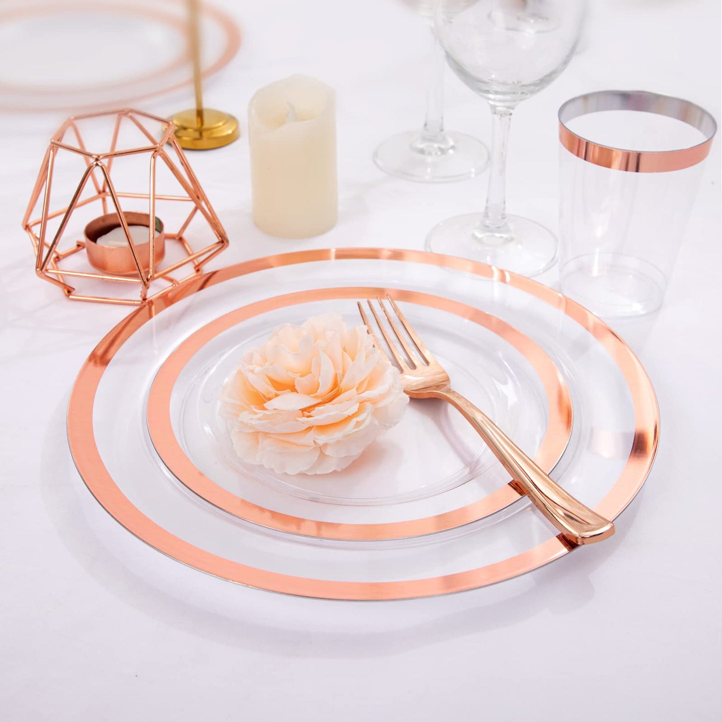 YOUBET 175PCS Rose Gold Plastic Plates - Clear Plastic Plates Disposable with Rose Gold Rim includes 50 Plates, 25Forks, 25Knives, 25Spoons, 25Cups, 25Napkins for Party & Wedding