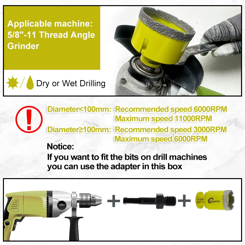 Tile Hole Saw Kit - Diamond Core Drill Bits Set SANLEETEK for Porcelain Tile Ceramic Marble 6/6/8/20/35/50/65MM+4/5'' Finger Bit+2" Chamfer Bit+2pcs 4.5" Saw Blade+SDS, 12pcs
