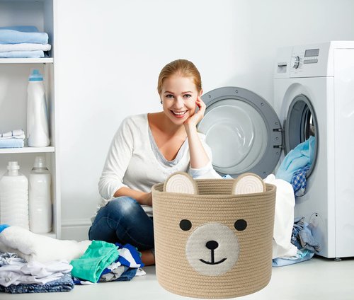 Bear Laundry Baskets Laundry Hamper Storage Baskets with Handles,Decorative Basket for Living room,Woven Storage Basket for Toys Bin Pillows Blankets Clothes (Khaki - Version 2)