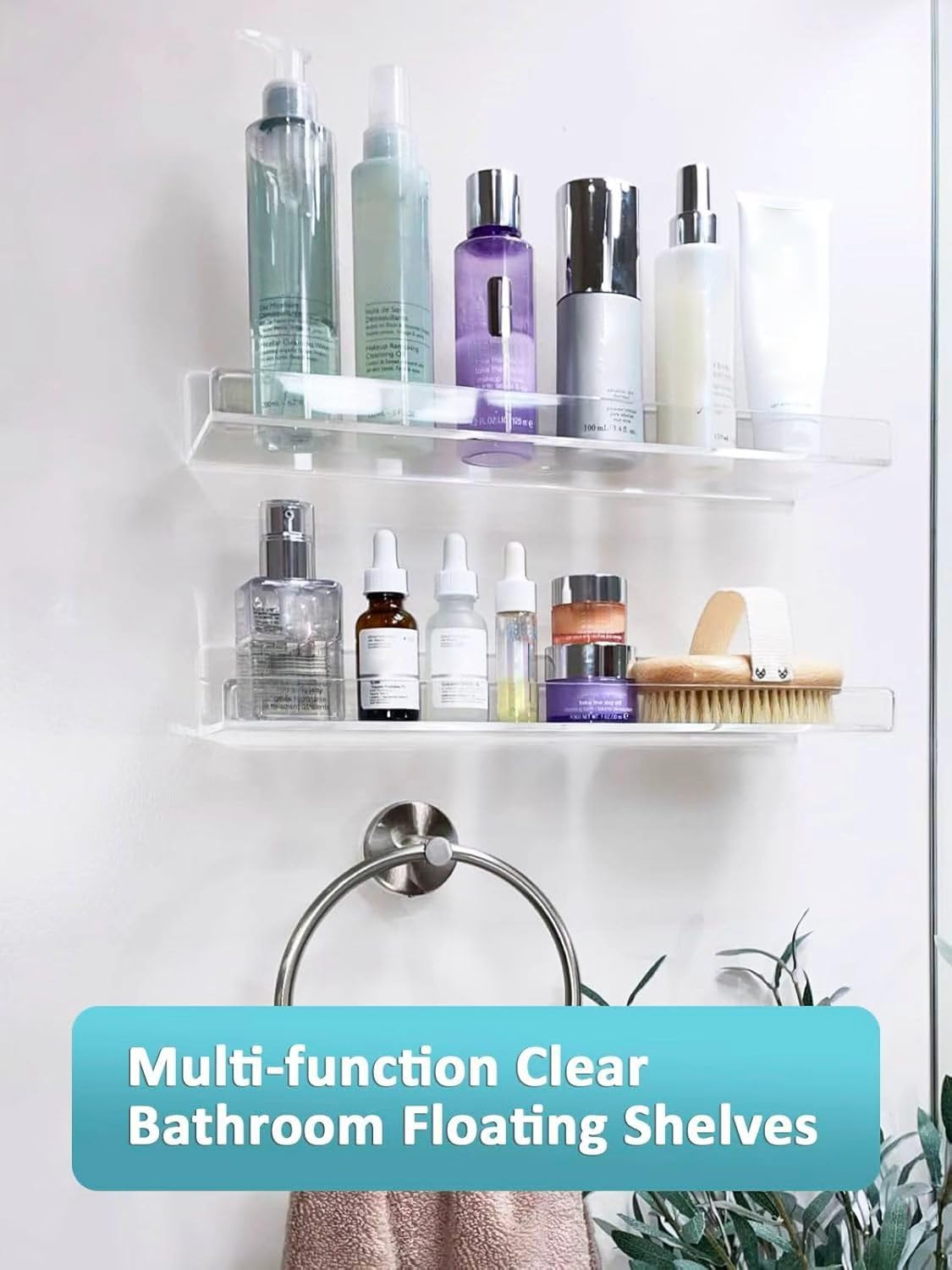 Albumgit 4 Pack Acrylic Wall Shelves - Self-Adhesive 15" Clear Floating Shelf for Home Organization