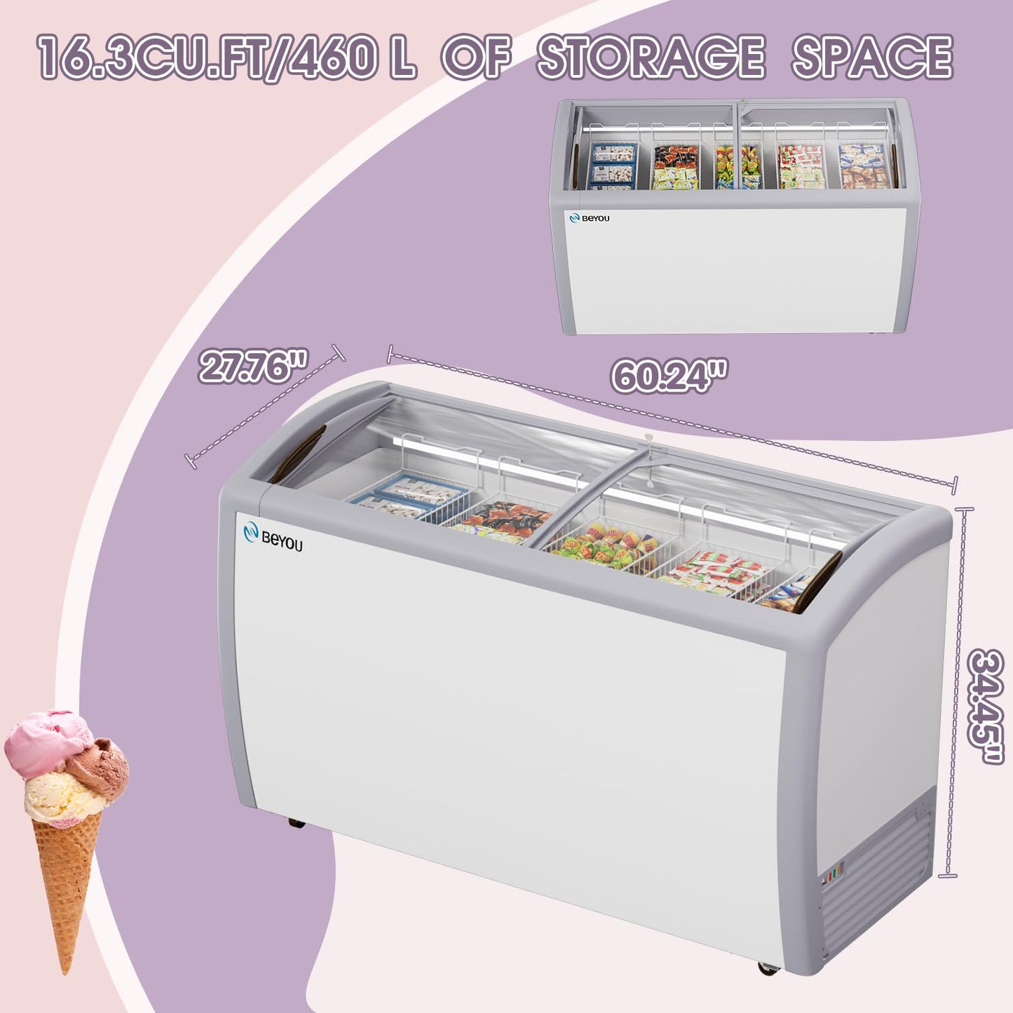 BEYOU Commercial Ice Cream Freezers with Display Glass Top，16.3 Cu.ft Chest Freezer with Wire Basket, White