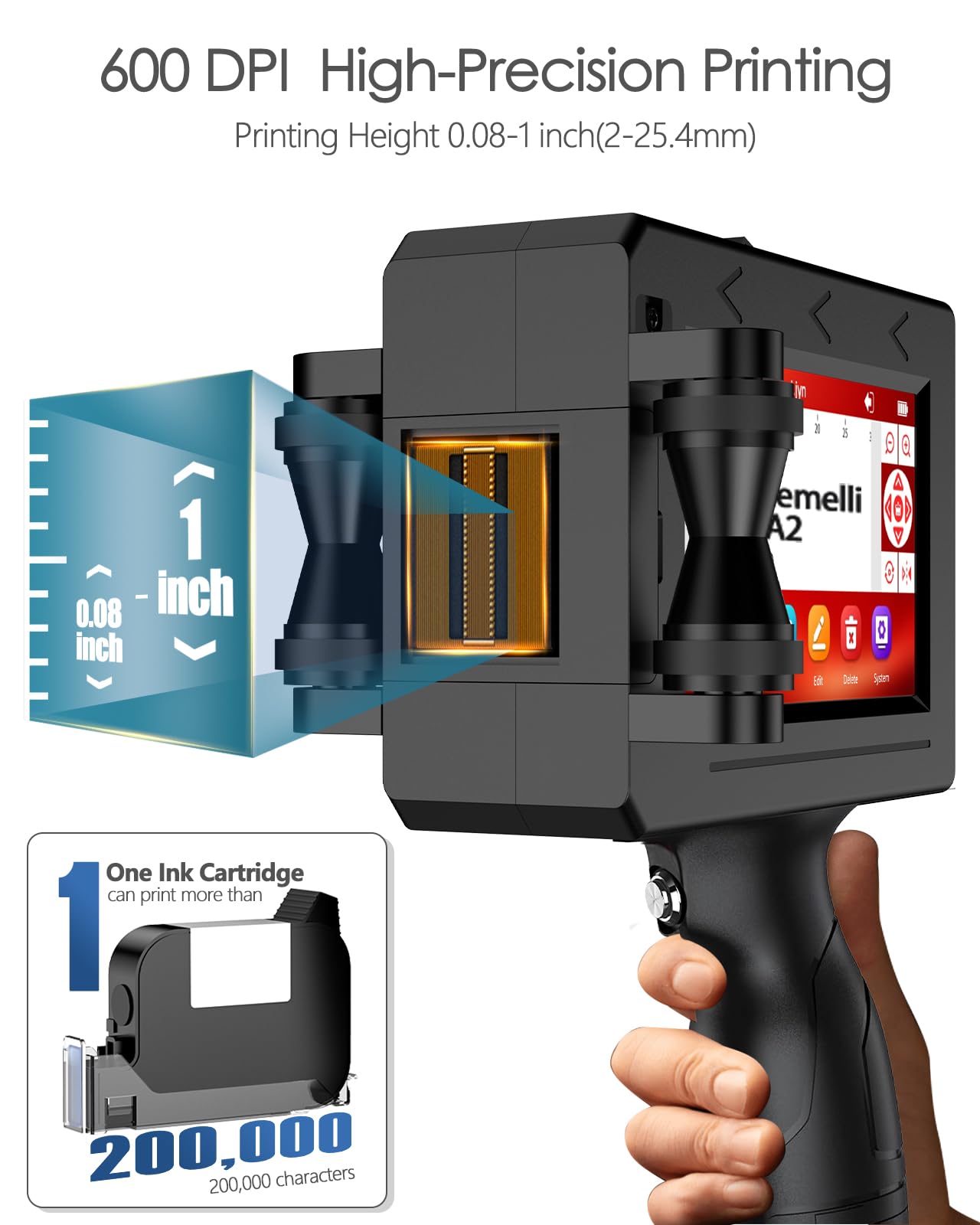 1" Handheld Inkjet Printer Gun,A2 Portable Ink Batch Coder with 42ml Fast-Drying Ink,4.3" Touch Screen Hand Held Printers for QR Code,Barcode,Batch Number,Text,Date Printer (Printing Height: 2-25.4mm)