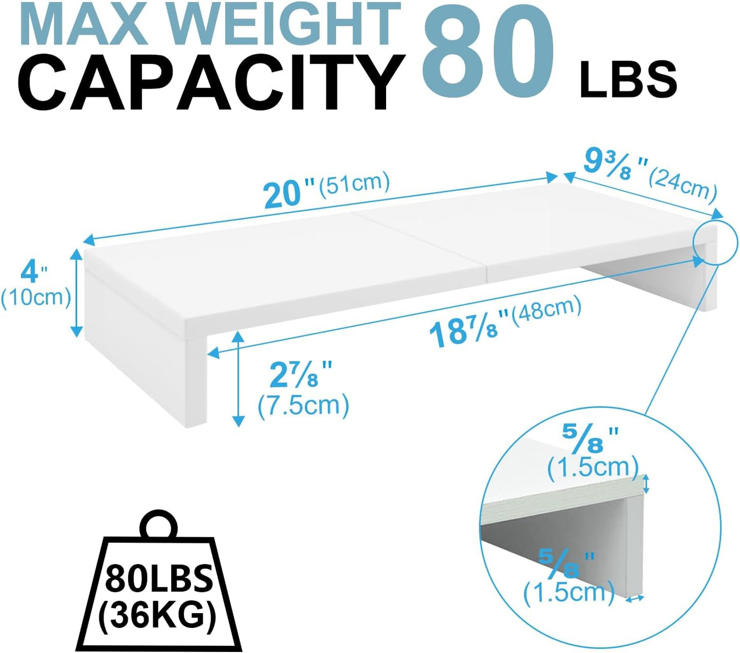20 inch TEAMIX White Monitor Stand Riser, Wood Desktop Stand for PC/TV/Laptop/Printer, White Monitor Riser