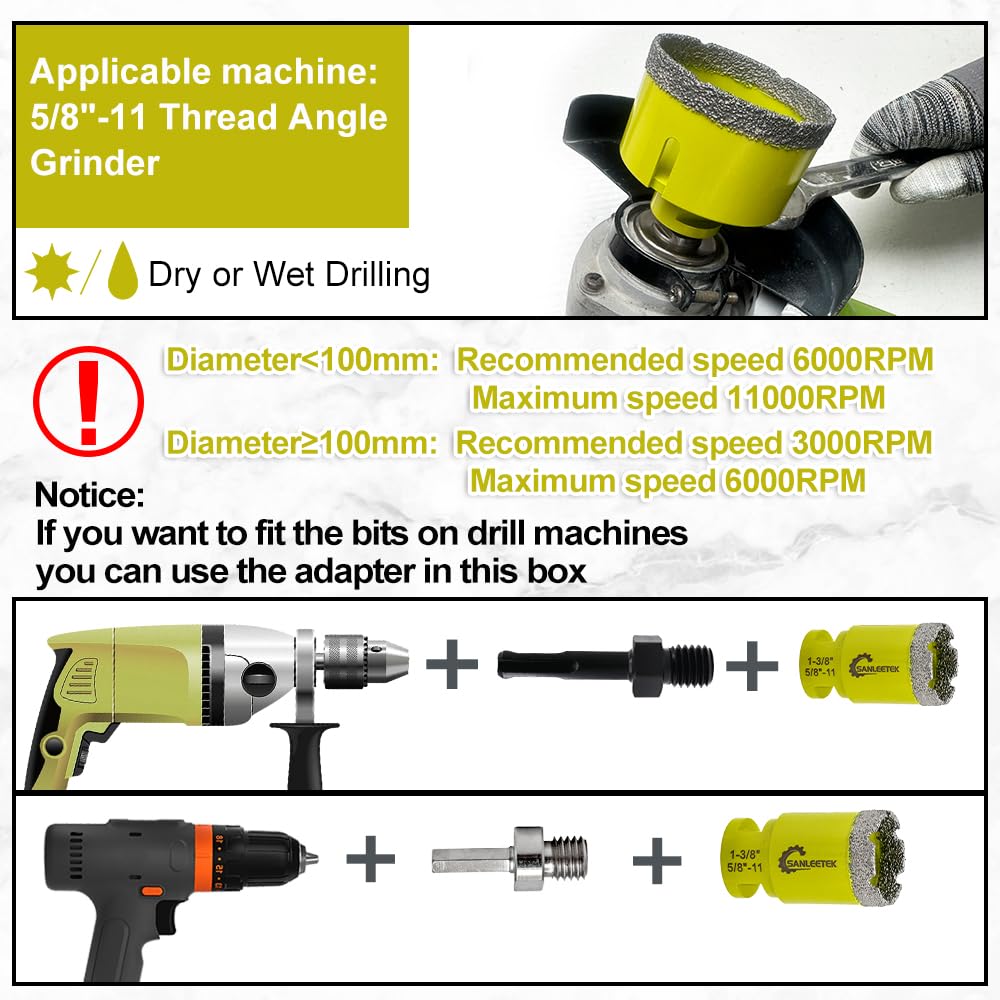 Tile Hole Saw Kit - Diamond Core Drill Bits Set SANLEETEK for Porcelain Tile Ceramic Marble 6/6/8/20/35/50/75/100MM+4/5'' Finger Bit+2" Chamfer Bit+4.5" Saw Blade+SDS/HEX, 13pcs