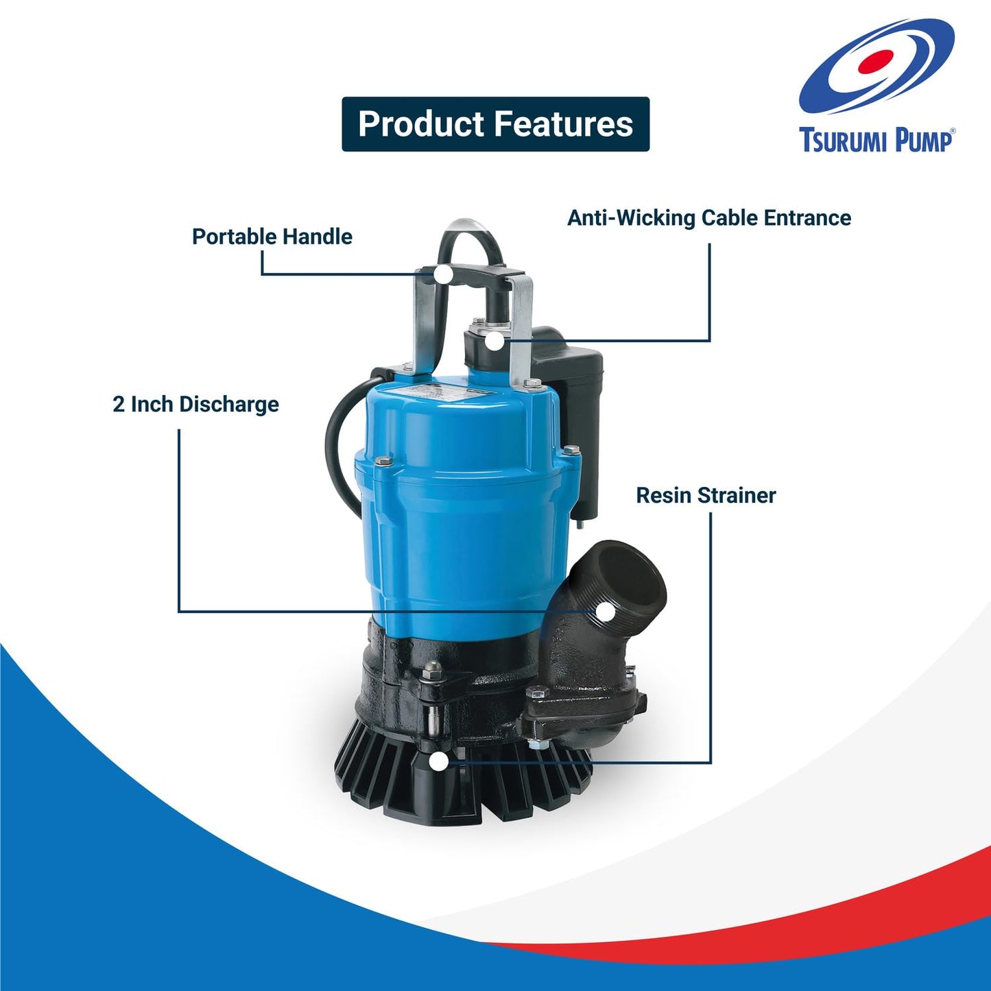 Tsurumi Pump HSE2.4S Submersible Trash Pump - Auto Relay Switch 1/2 HP 115V 2 in Discharge Dewatering Applications | 53 GPM / 3180 GPH