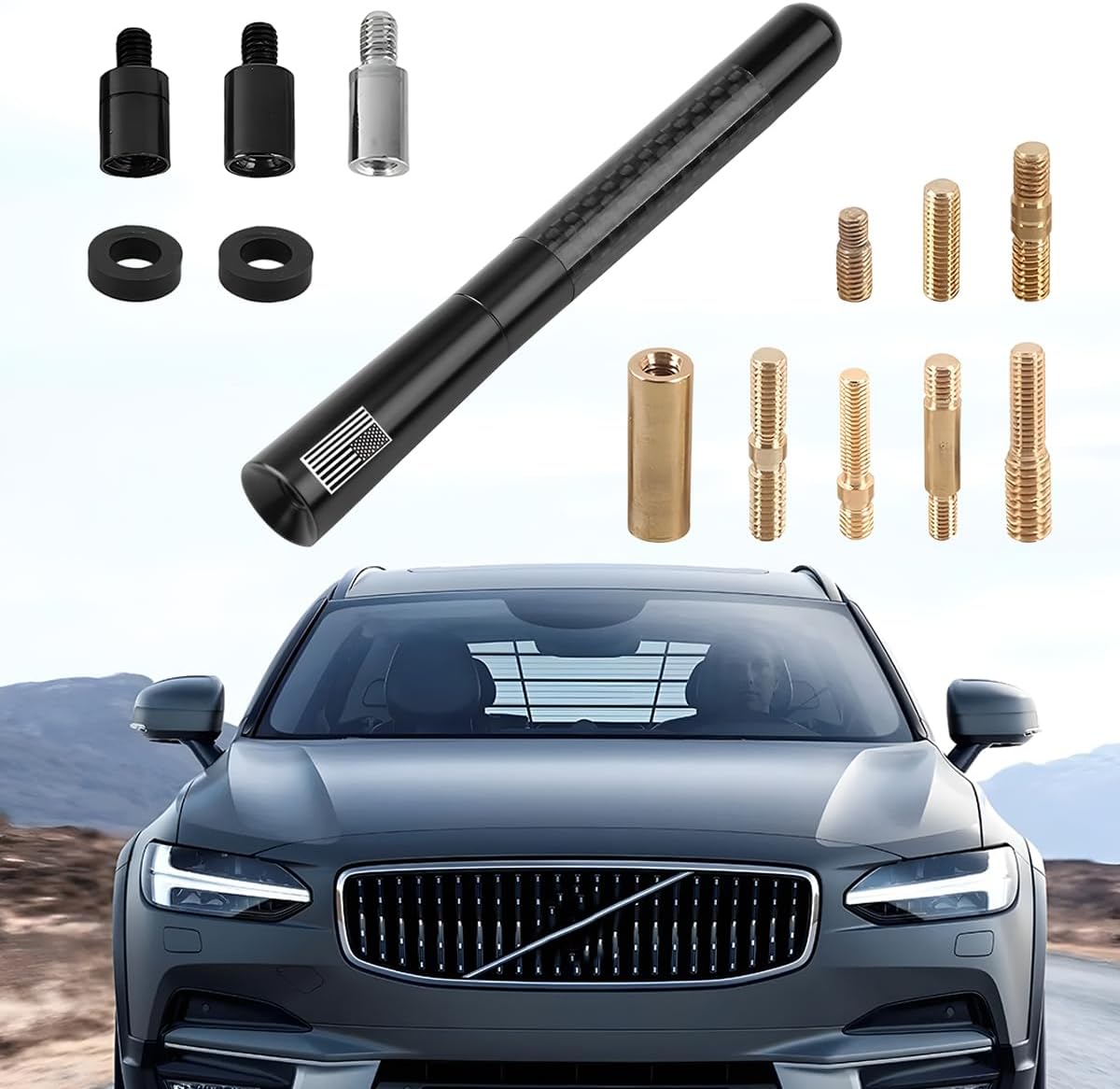 Ywdiml 4.7 inch 2Screw 9Adapter 2Rings, Carbon Fiber Car Short Antenna, American Flag Vehicle Radio Billet Antenna
