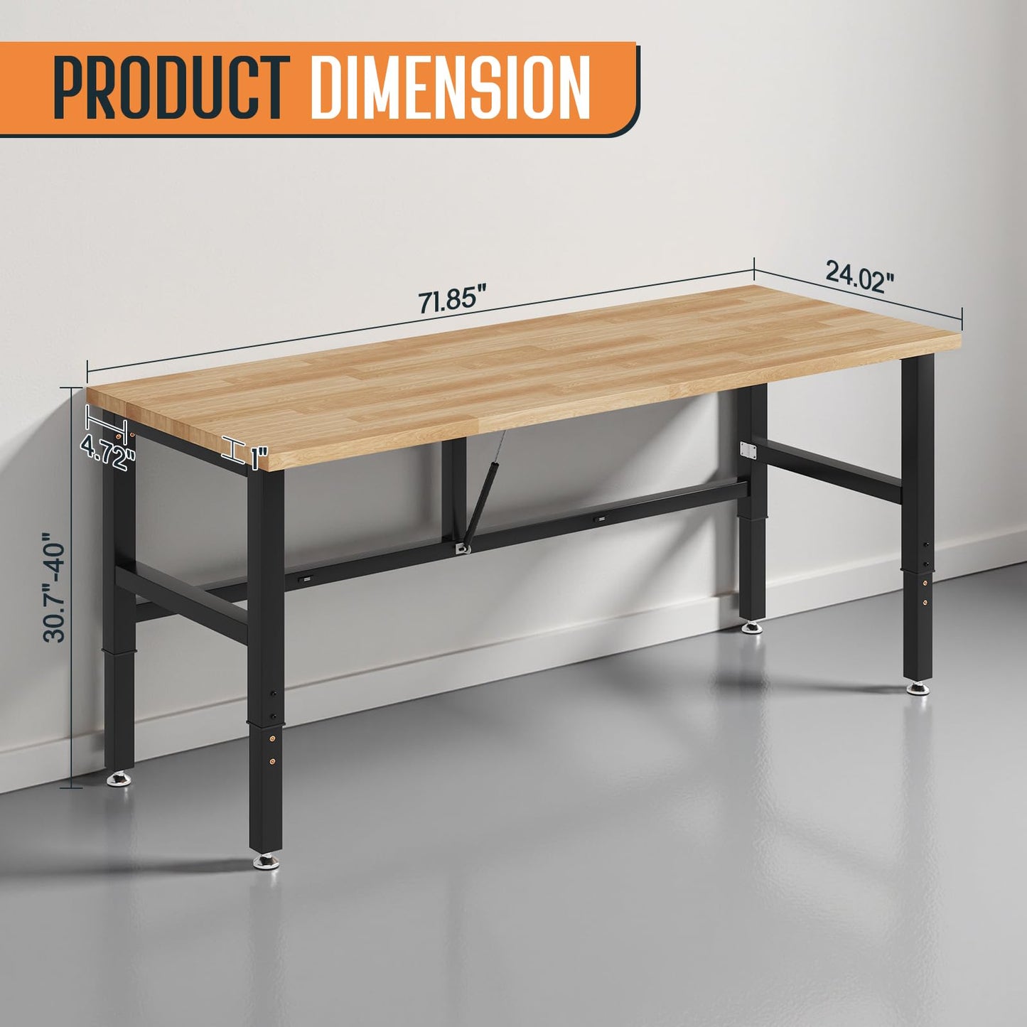 SPECRAFT 72x24 Folding Workbench, Adjustable Foldable Workbench with 2000 LBS Capacity, 30.7"-40" Height, Rubber Wood Top for Garage, Workshop, Office