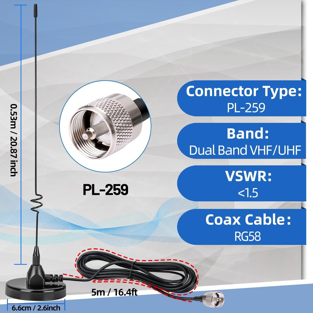 Arridioter 20.87in PL-259 Connector,66mm Mount,16.4ft RG58 Dual Band Mobile Radio Heavy Duty Whip Antenna Kit