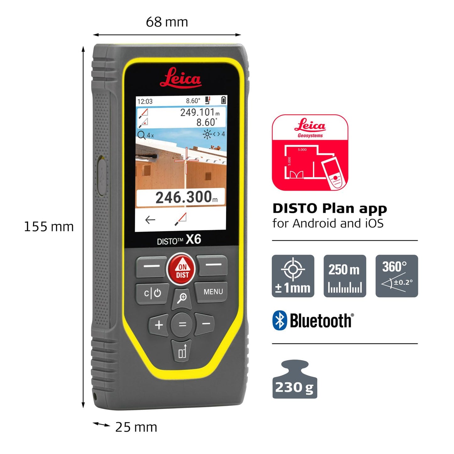 Leica Disto X6 - Range 800ft, Outdoor Camera viewfinder 4X Zoom, Bluetooth, Smart Horizontal, IP65 dust, Water, Shock Protection, Intelligent end-piece, Rotaing Display, Hand Loop, Pouch.