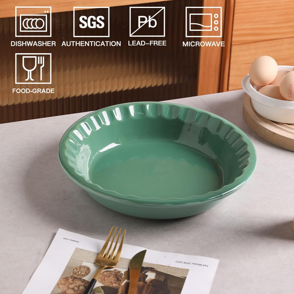 Sweejar Ceramic Pie Pan - 10.4 Inches Deep Fluted Porcelain Dish | Non-Stick Green Design for Baking