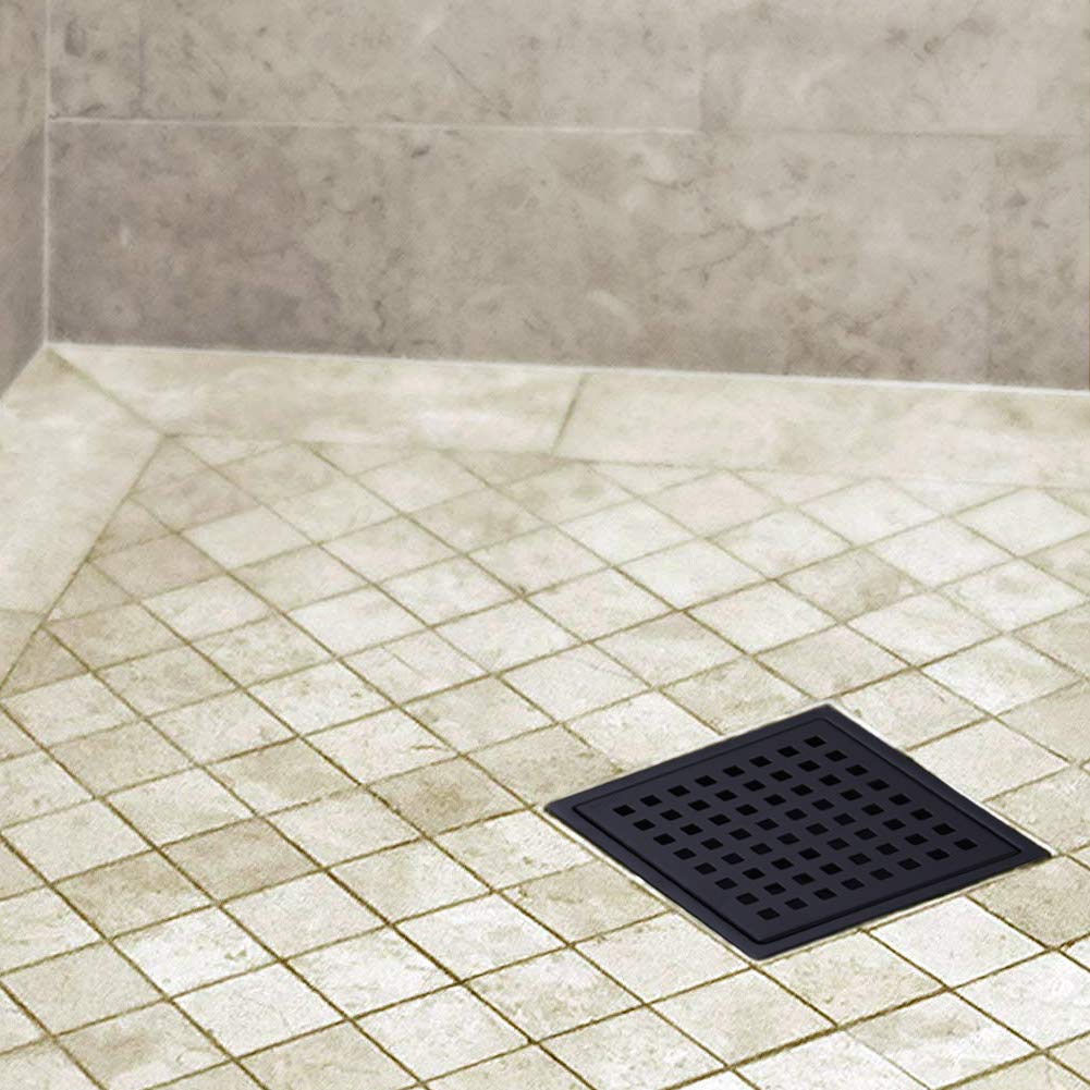 6 inch Stainless Steel Shower Floor Drain with Threaded Adapter, Removable Grid Cover, Black