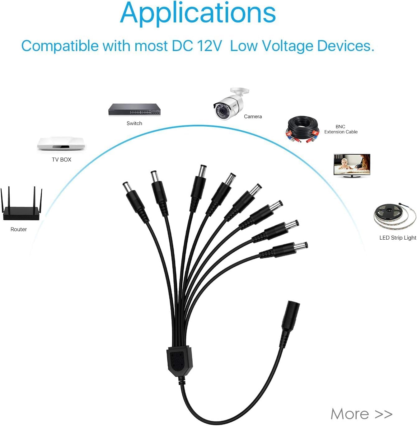 1 8 ZOSI DC Female to Male Output Power Splitter Cable Y Adapter For CCTV Accessories Black