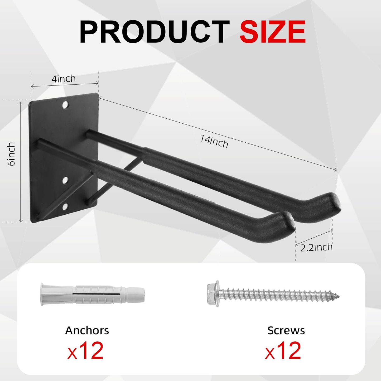 FancyEagle 14" Large Heavy Duty Garage Hooks, 4-Pack Steel Garage Storage Hooks with Support Rods, Utility Wall Mount Hangers for Power Tools, Car Tires, Ladders, Chairs, Garden Tools and More