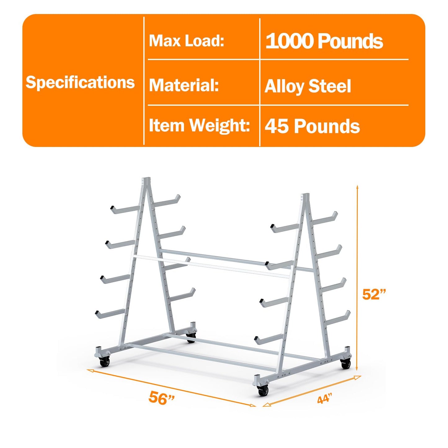 BUYYAH Heavy Duty Horizontal Storage Rack with 3 Inch Wheels 2 Fixed & 2 Swivel, Mobile Material Handling Conduit Pipe Rack Holds up to 1000lbs, Alloy Steel, 5ft x 3.7ft x 4.3ft