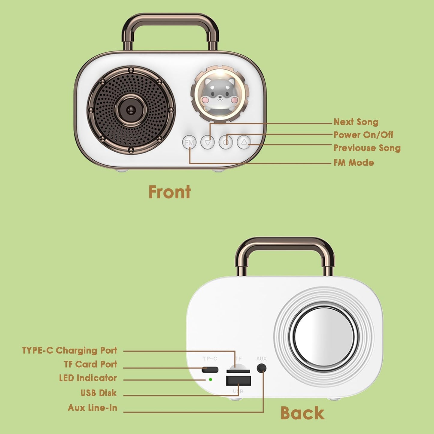 SpringFlora Sound,4H Wireless Bluetooth Speaker, Cute Mini Portable Speaker,Loud Playtime, Mic,TF/SD Card, Aux