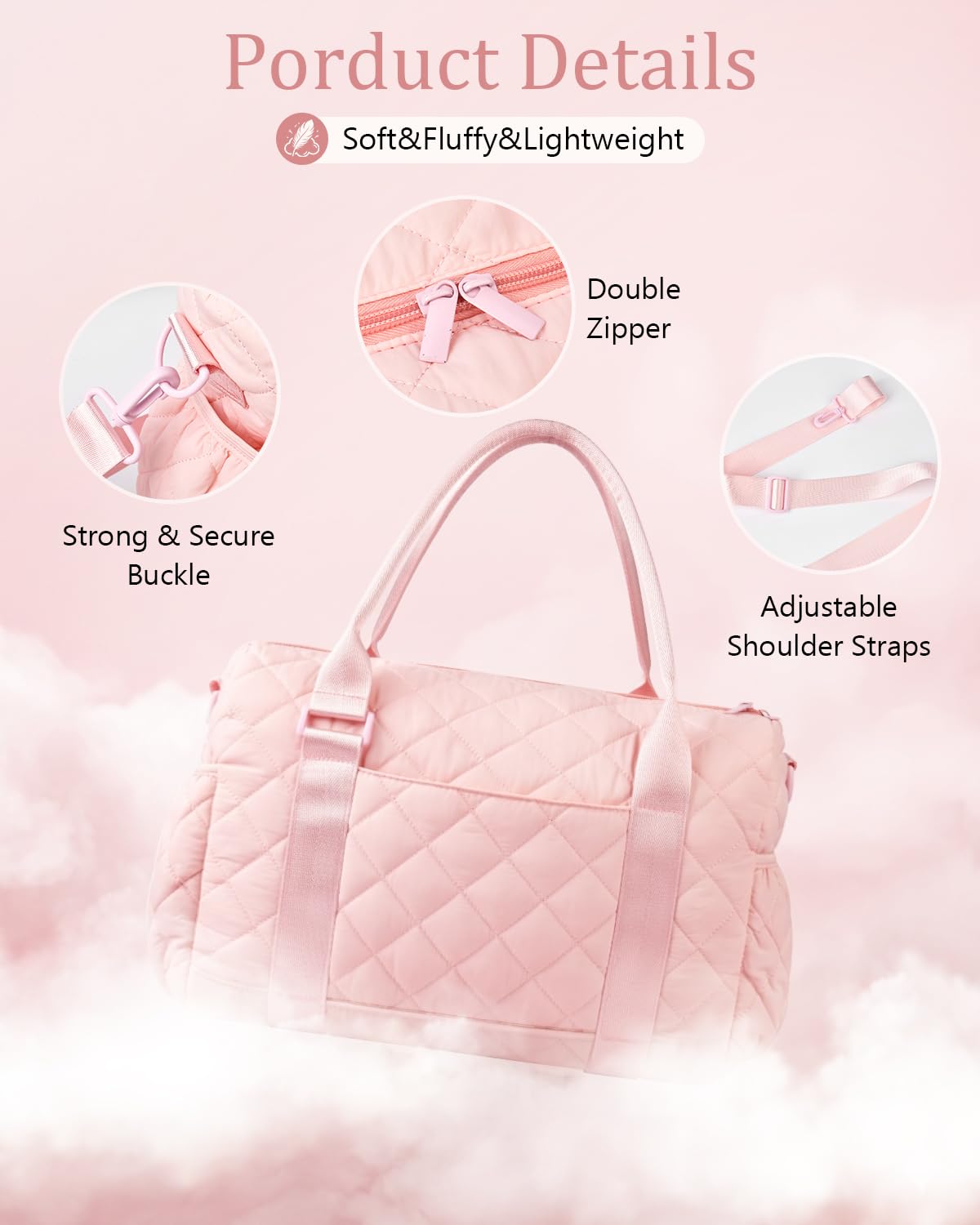 KUIRAN Gym Bag for Women with Yoga Mat Holder, Small Mini Gym Tote Bag Puffy Quilted Lightweight Sports Duffel Bag with Wet Compartment for Dance Yoga Workout Travel - Pink