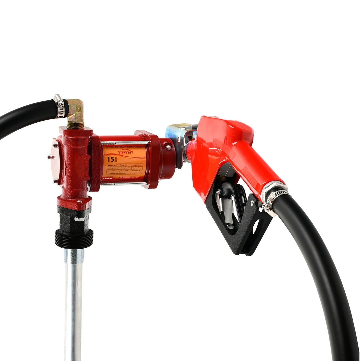 BIGREAT 15GPM 12V DC Fuel Transfer Pump with 13 Feet Discharge Hose, Automatic Nozzle,Cast Iron Heavy Duty Premium Transfer Pump Kit For Gasoline, Diesel, Kerosene, Ethanol & Methanol Blends