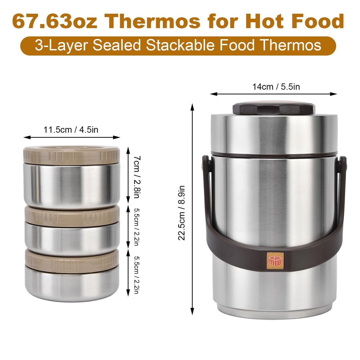 Food Jar For Hot Food Adults Hot Food Container Lunch Box Insulated, 67 Oz Adults Stainless Steel Vacuum Soup Insulation Lunch Box Portable 3 Layer Vacuum Insulated (Original Color)