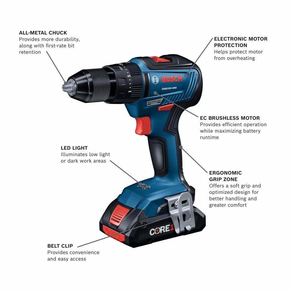 Bosch GXL18V-233B25 18V 2-Tool Combo Kit with 1/2 In. Hammer Drill/Driver, Two-In-One 1/4 In. and 1/2 In. Bit/Socket Impact Driver/Wrench and (2) CORE18V® 4 Ah Advanced Power Batteries
