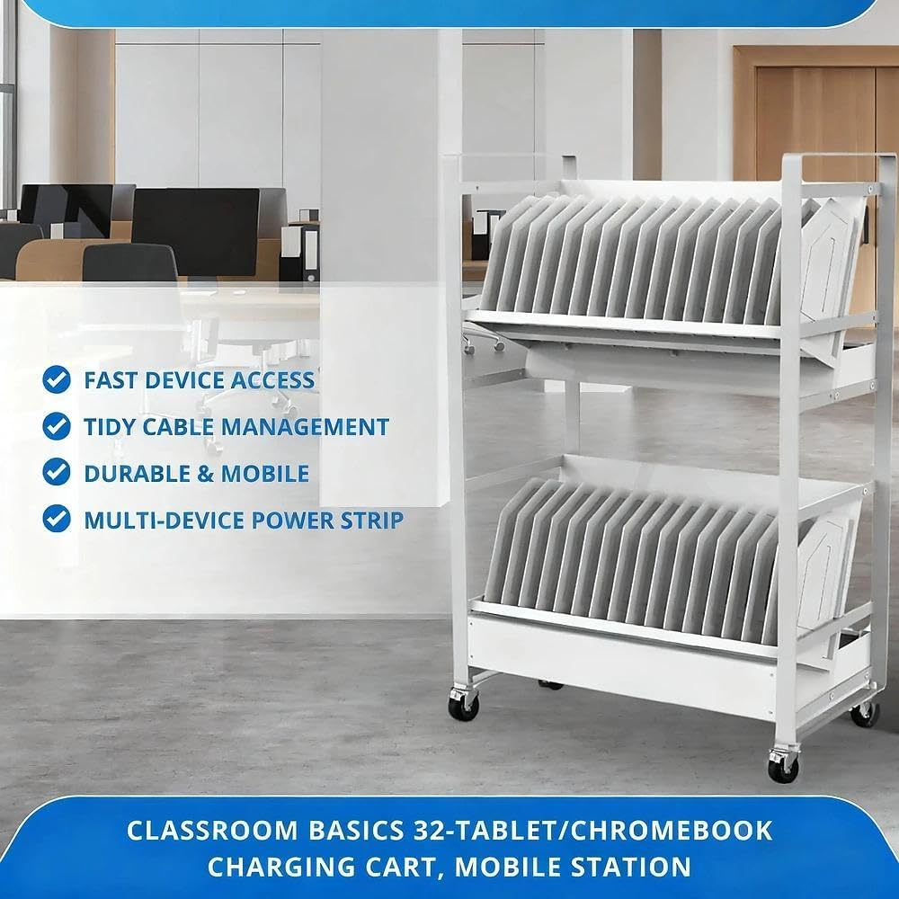 32 Device Mobile Charging Cart，Metrixpio Double-Layered Rolling Computer Cart with Socket Portable Ipad Storage & Laptop Cart for Teachers & White-Collar Workers
