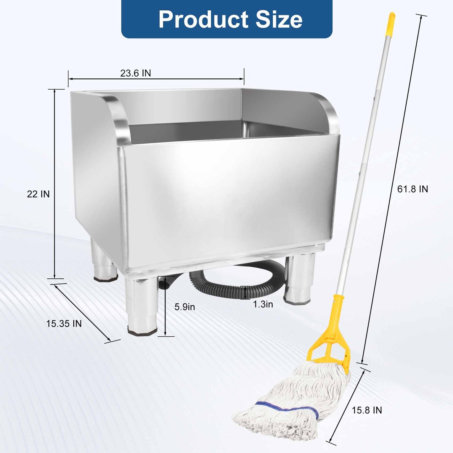 23 4/6in Stainless Steel Floor Mop Sink with Detachable Mop, Suitable for Laundry Rooms, Restaurants, Garages, Balconies, and Other Commercial Settings (23.6"L x 16.1"W x 21.6"H)
