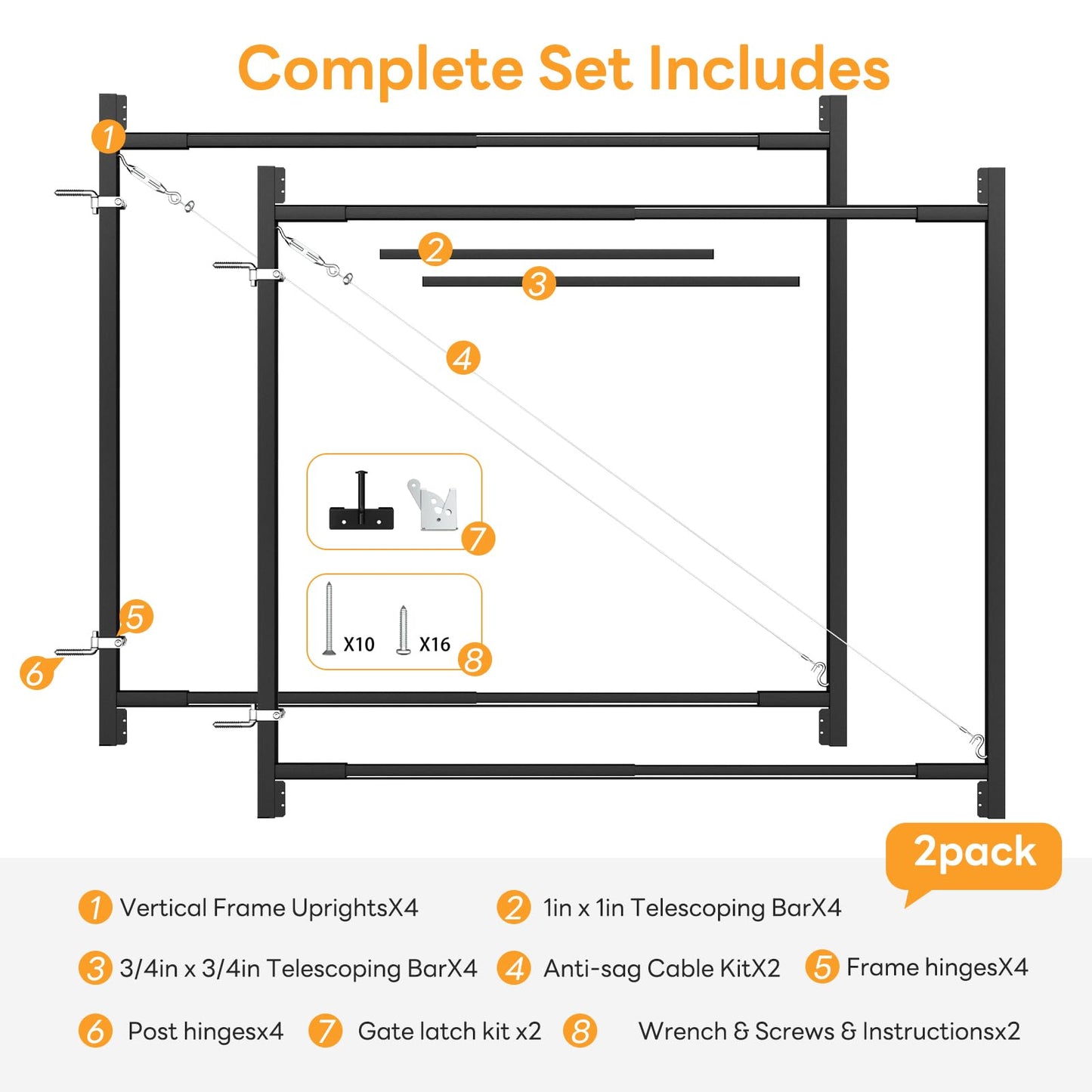 DIYHD Adjustable Full Frame Double Anti-Sag Gate Kit for 2x4 Lumber, Heavy Duty Powder-Coated Steel Hardware, Fits 33"-62" Wide, 4FT-5FT High Fence Gates for Garden, Driveway, Yard, Pool, 2 Pack