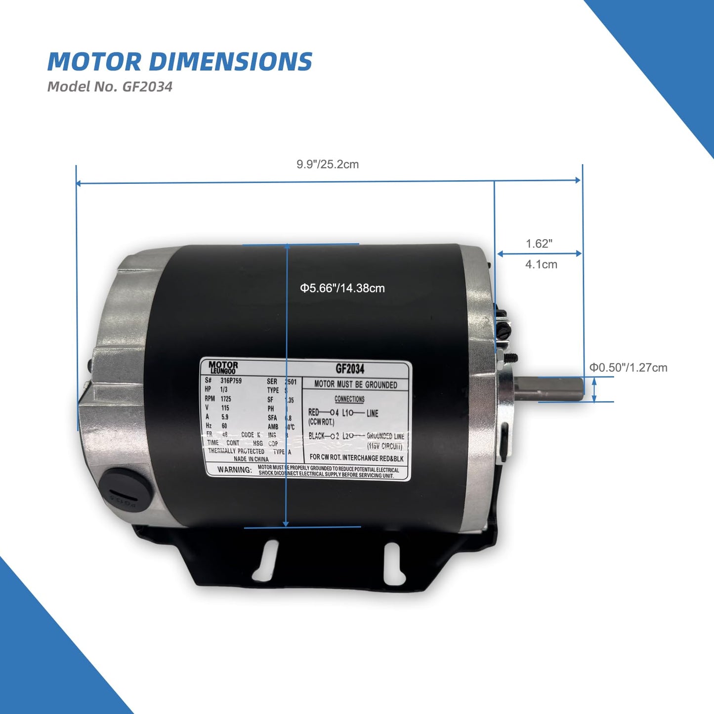 GF2034 Blower Motor 1/3HP 115V 60Hz 1725RPM 48FR Replaces Packard 45013 Ao smith/Century 316P169, NBK20598 EMERSON 8100, GE BF4706, Universal 805, Baldor RSP2442, Carrier HC41DE114, Belt Drive Leungoo