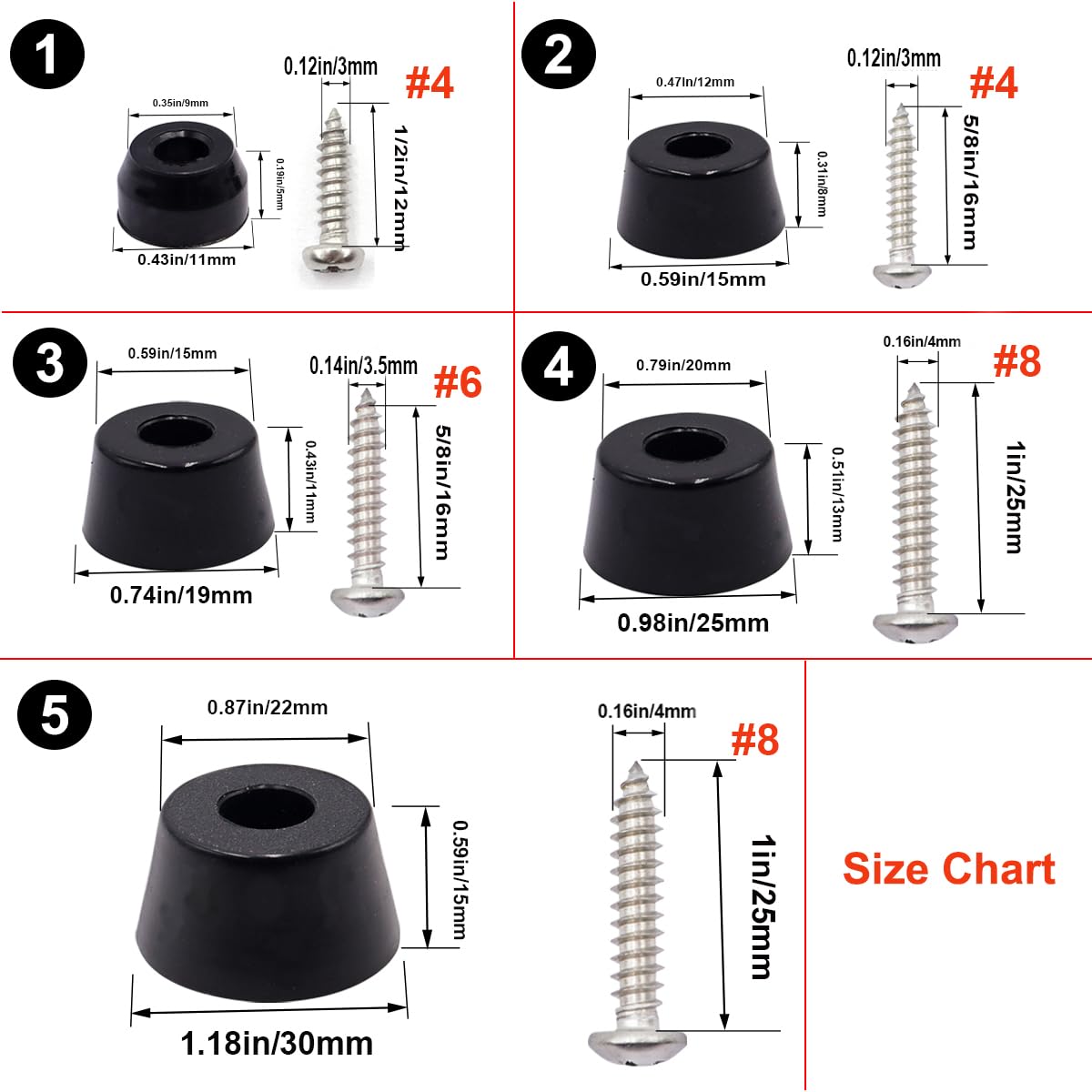 smseace 100PCS(5 Sizes) Rubber Feet for Cutting Board, Built-in Stainless Steel Washer and Screws, Non-Slip Rubber Feet for Furniture, Electronics, Tables, Sofas