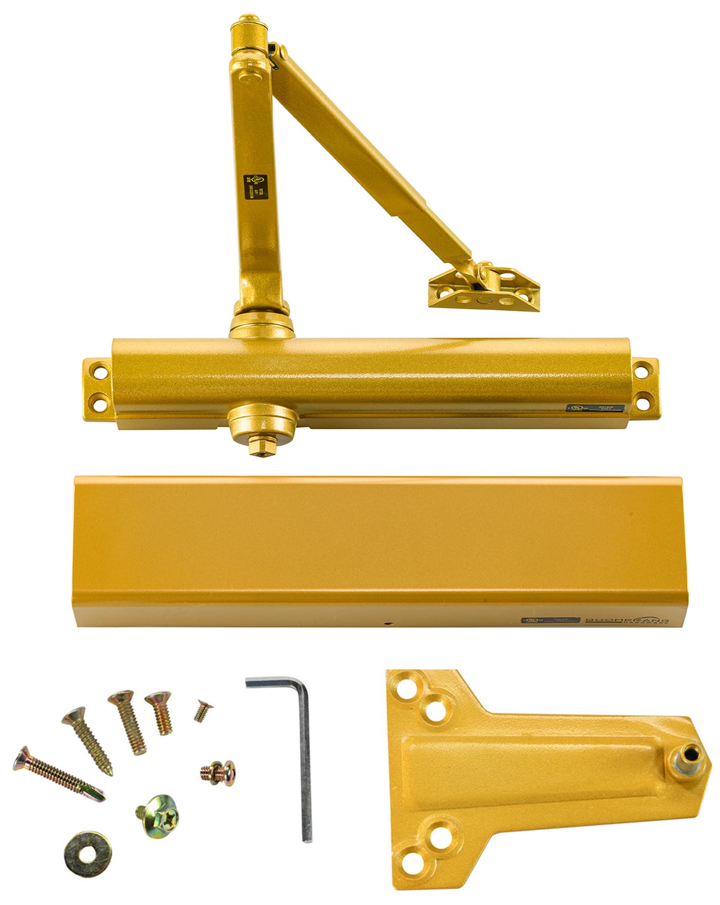 Boomerang Heavy Duty Designer Automatic Commercial Door Closer - D8016-Surface Mounted, Grade 1, Cast Aluminum, UL 3 Hour Fire Rated & ADA for high Traffic doorways, Painted Brass/Gold (US4)