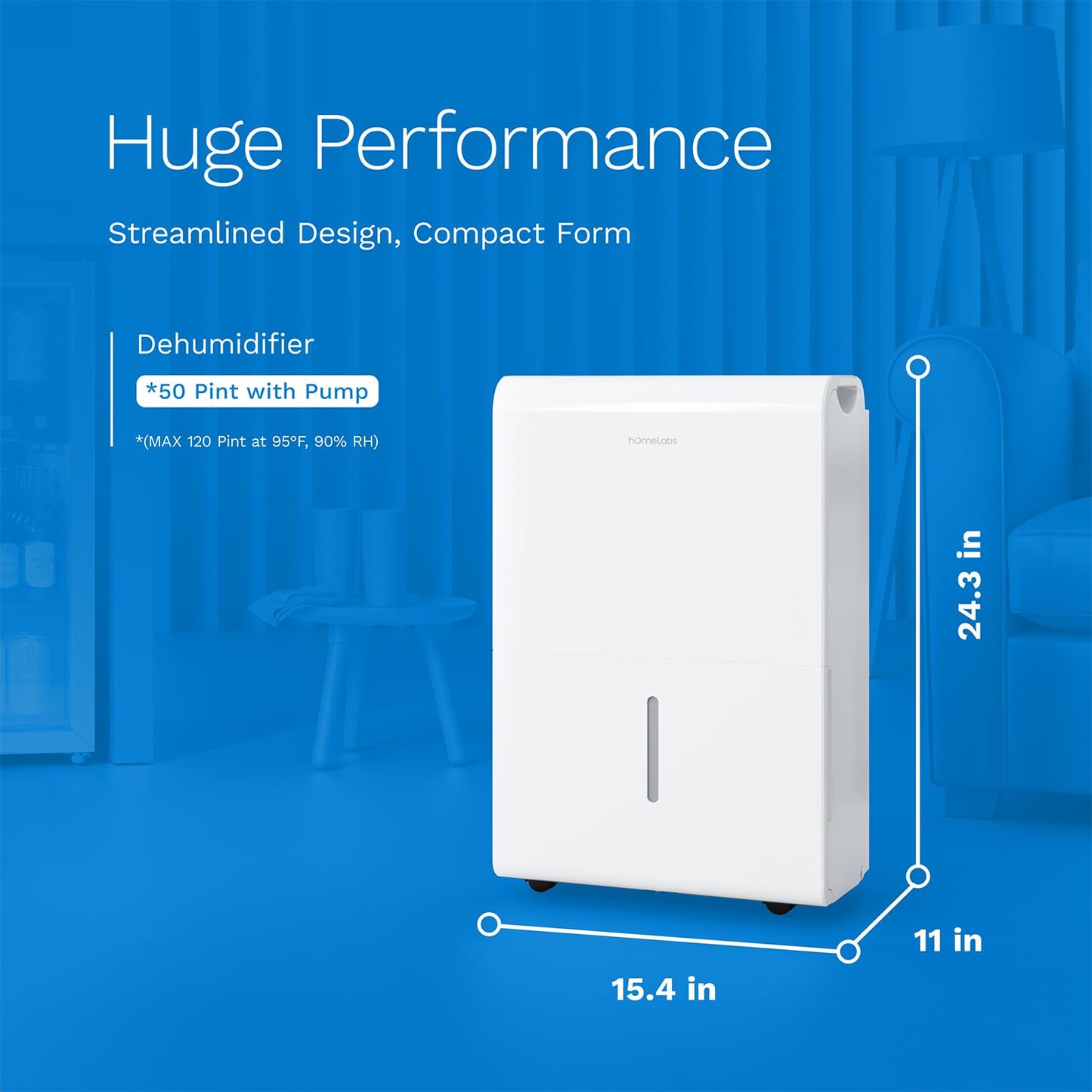 hOmeLabs Dehumidifier 7,500 Sq Ft Wi-Fi with Pump (50 Pint MAX 120 Pint at 95°F, 90% RH) for Home, Office, Basements with Powerful Moisture Removal, Humidity Control, Auto Shut-off, Quiet Operation