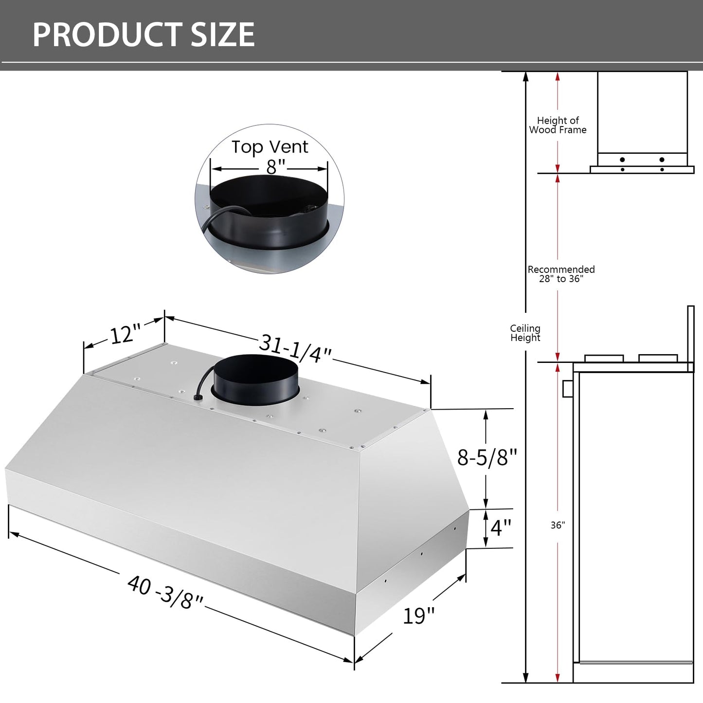 Akicon 42 Inch Range Hood Insert with Heater Sensor, 1200 CFM Ultra-Quiet Stainless Steel Ducted Vent Hood Insert with 4 Speed Fan, Dimmable LED Lights and Dishwasher Safe Filters