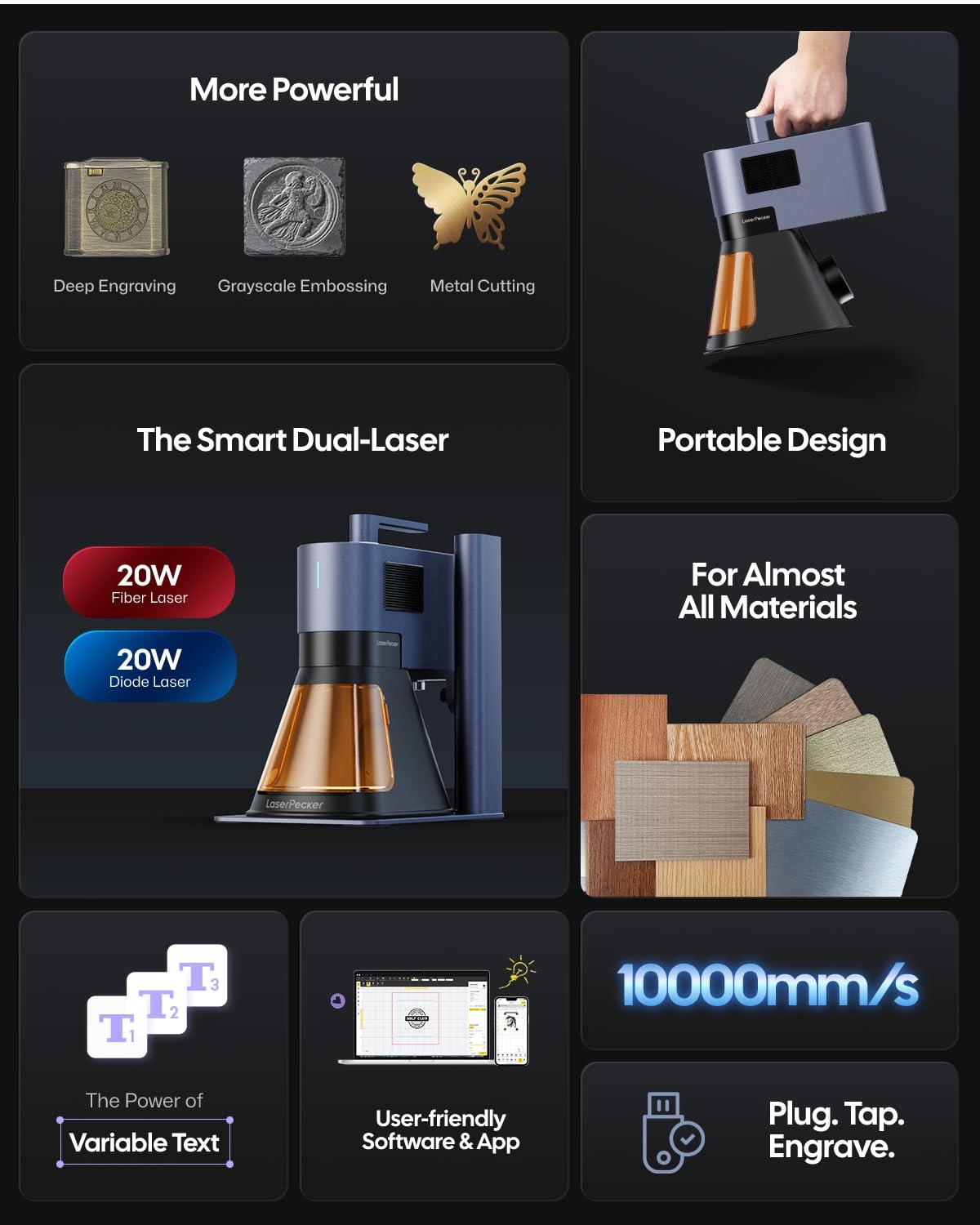 LaserPecker LP5 Smart Dual 20W Fiber + Diode Laser Engraver Cutter with Rotary Extension, Slide Extension & Air Purifier, 3D Embossing, Color Engraving, Ideal for On-site Customization
