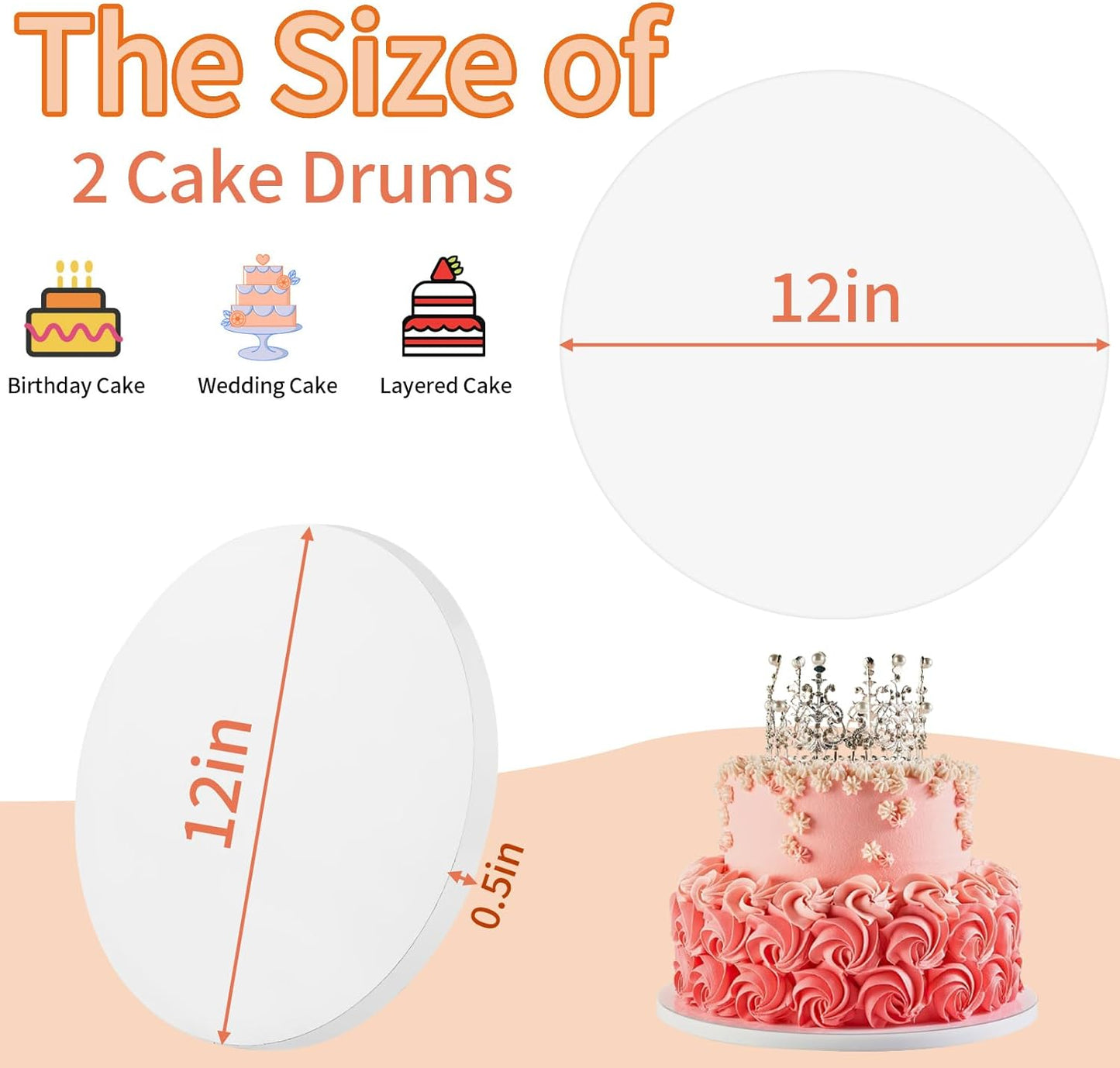 Sturdy 12 Inch Round Cake Boards by [Brand Name] - Durable 1/2 Inch Cake Drums, White, 2 Pack