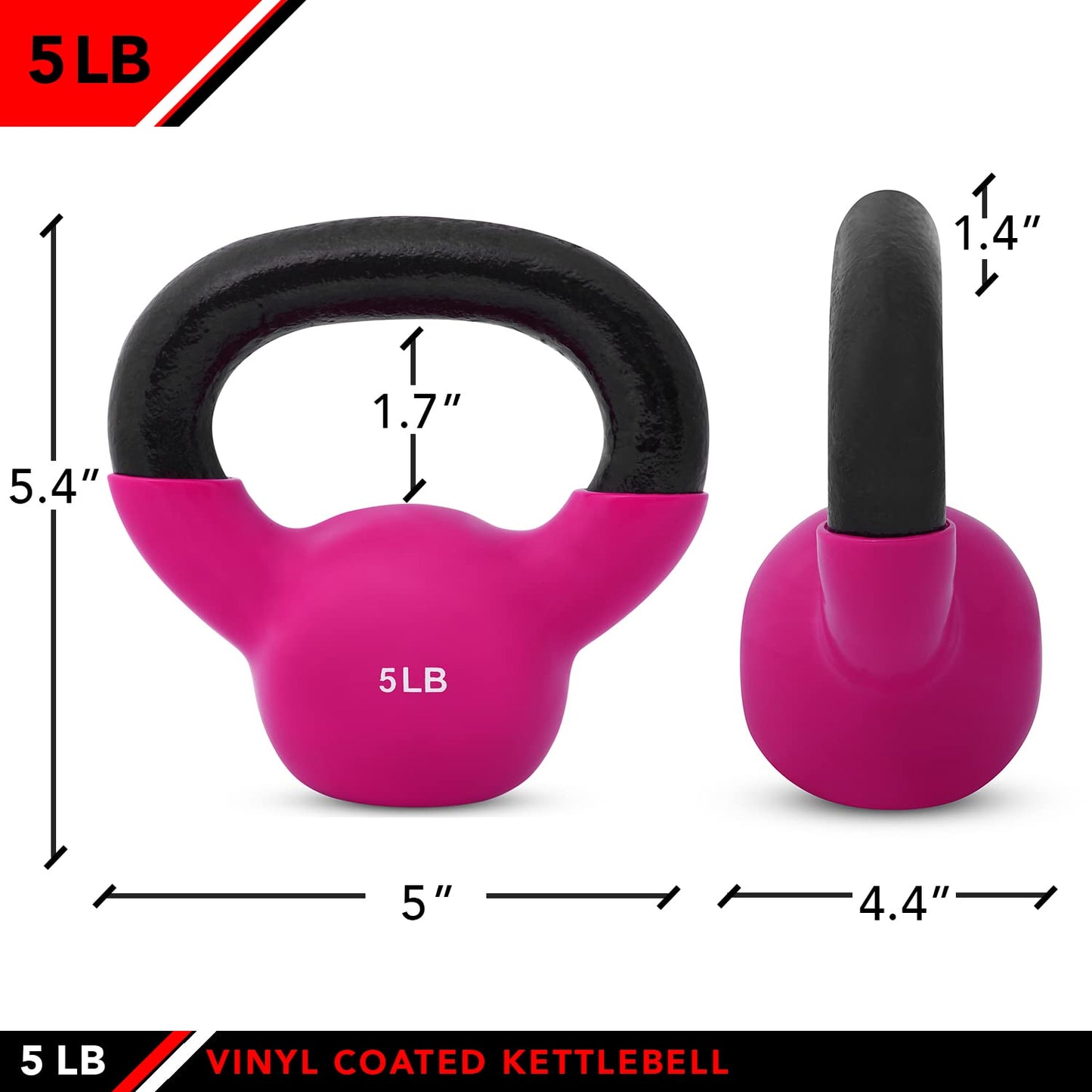 JFIT Vinyl-Coated Cast Iron Kettlebell Weight – Flat Bottom Kettlebell for Strength Training, Cross Training & Home Gym Workouts, 5LB-Hot Pink