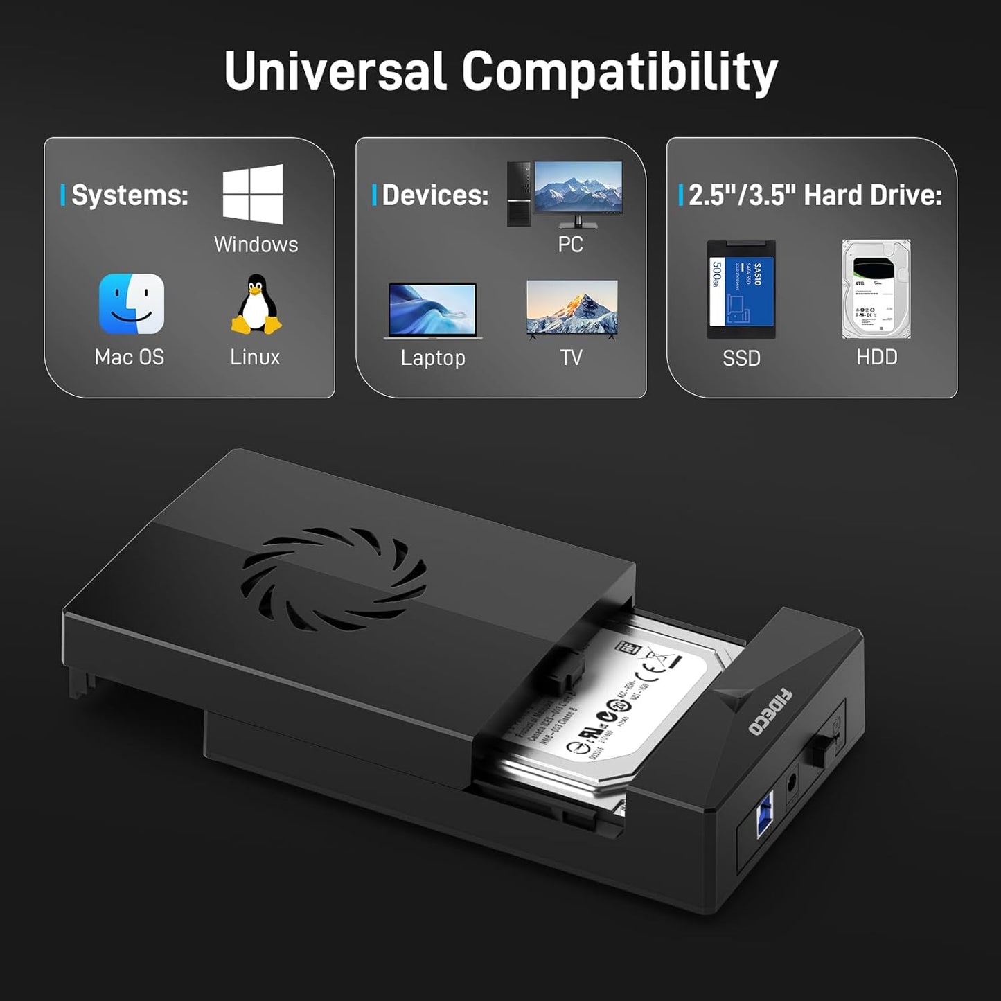 FIDECO 3.5 2.5 inch 12V Hard Drive Enclosure for or SATA HDD SSD, SATA to USB Adapter with Cooling Fan, External HDD