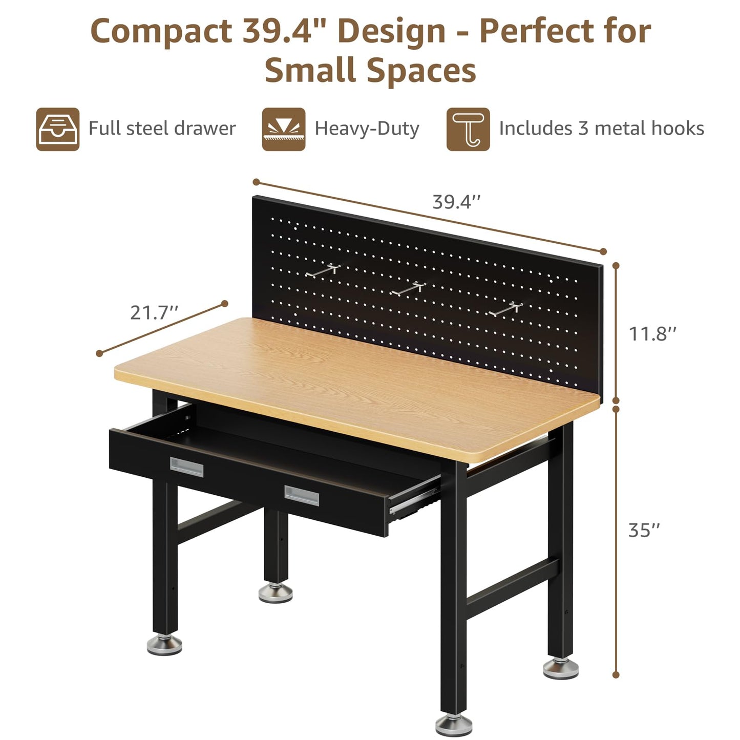 IGERI 39.4" Workbench with Drawer and Pegboard - Heavy Duty Steel Garage Work Table, Small Tool Bench for Workshop, Woodworking, Crafting & Repair