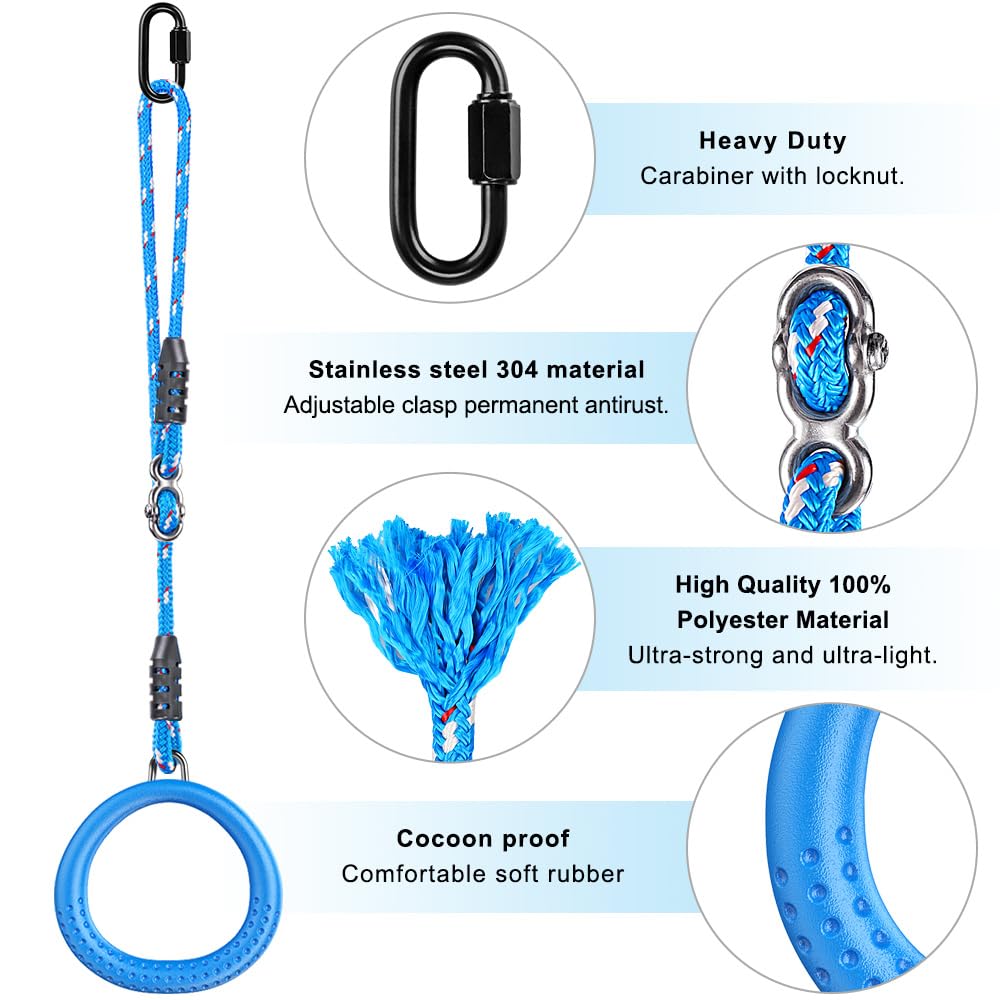 Dolibest Non-Slip Gymnastics Rings Kids Monkey Bars Swing Trapeze Bar with Adjustable Straps (41.7inch) Home Fitness Full Body Workout Ninja Warrior Obstacle Course Blue (2Pack