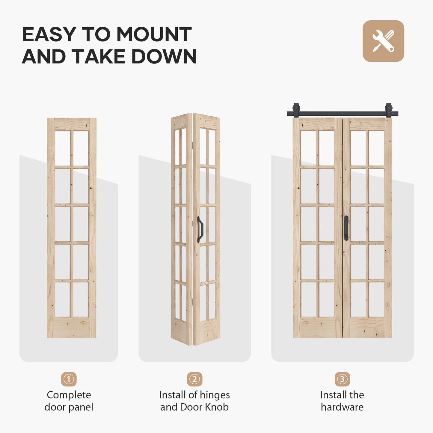 Easelife 42in x 84in(Double 21x84inch) Bifold French Glass Door,Sliding Folding Barn Doors with 3.8FT Hardware Track kit Included,Preassembled,Easy Install