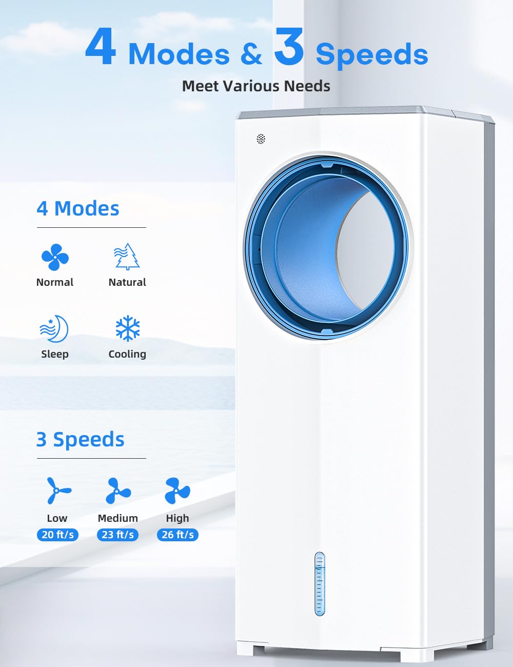 MYICY 27 INCH Evaporative Air Cooler, Windowless Swamp Cooler Portable Air Conditioners w/Normal/Natural/Sleep/Cooling Mode,3 Speeds,Double Tanks& Remote & Smart Timer, Bladeless Air Cooler for Room