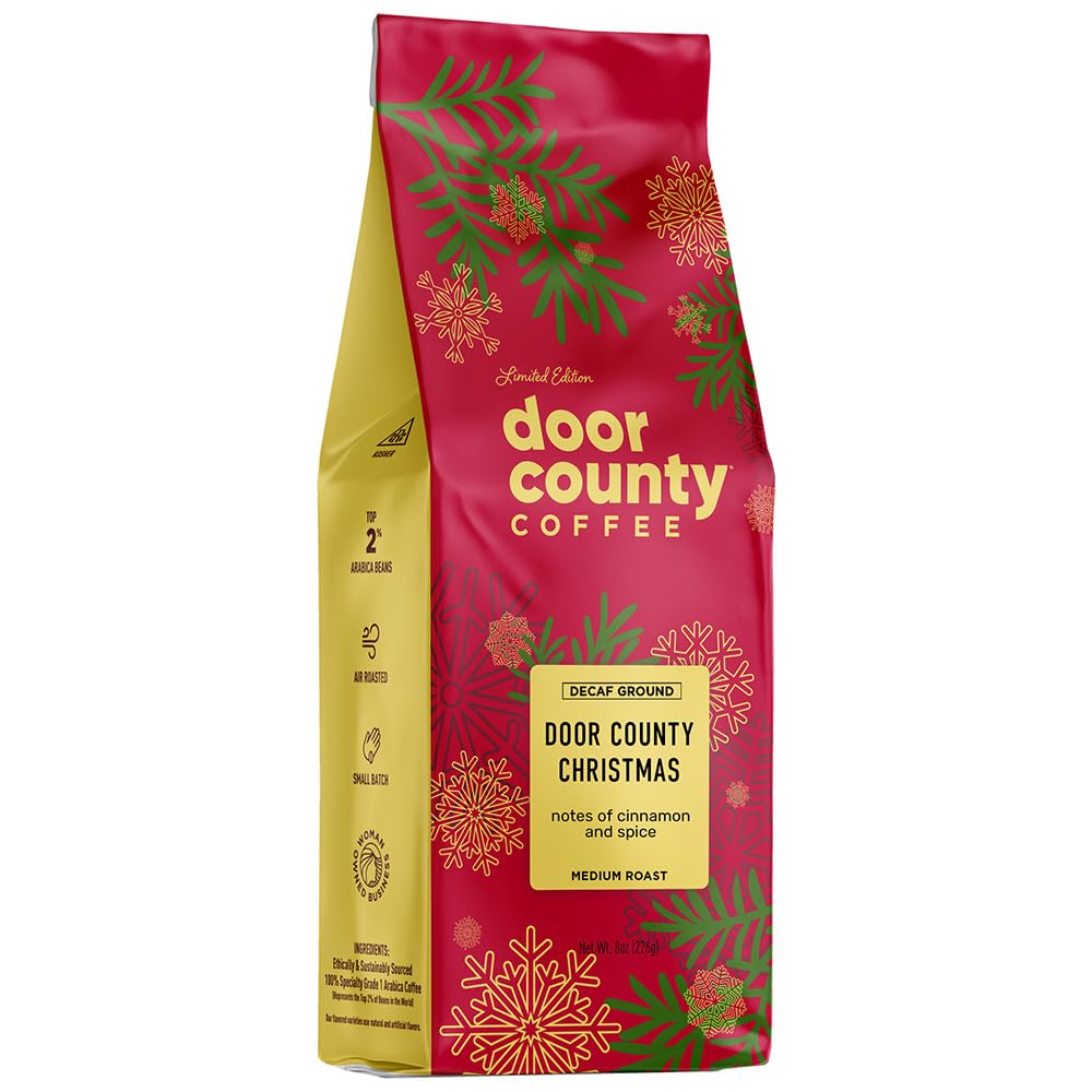 Door County Coffee Door County Christmas DECAF Flavored Coffee Ground - 8 oz Bag - Holiday Seasonal - Medium Roast - 100% Specialty Arabica - Cinnamon & Spice Flavor