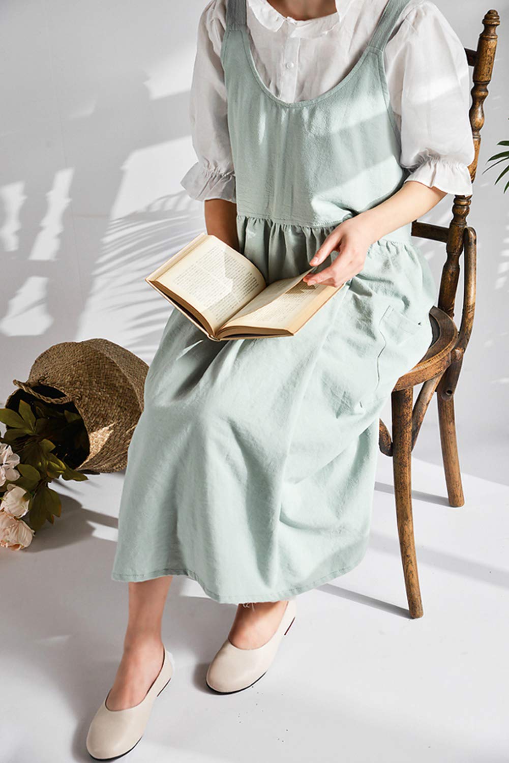 NEWGEM Cotton Linen Cross Back Apron for Women with Pockets for Cooking Gardening Turquoise without Waist Ties