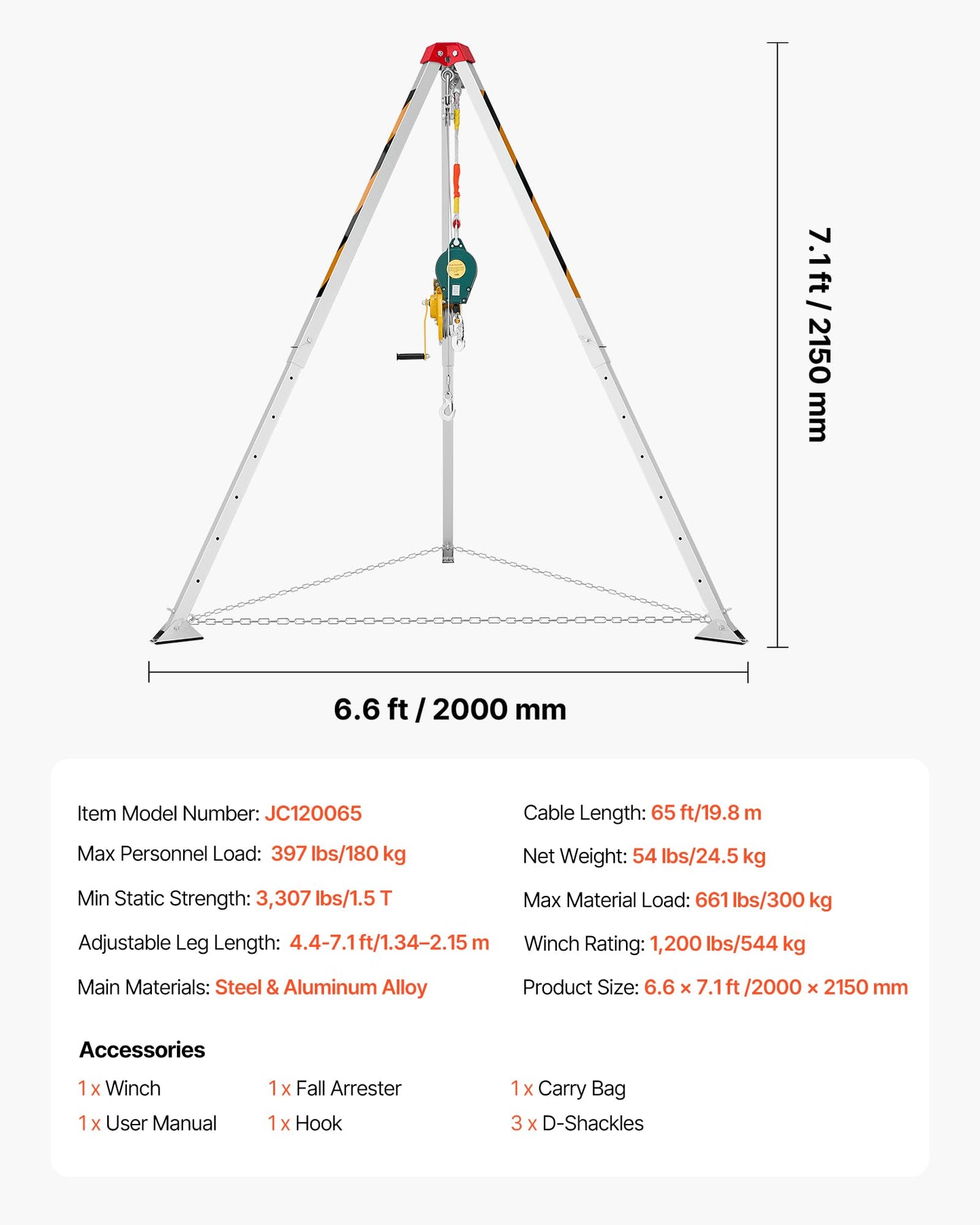 VEVOR Confined Space Tripod Kit, Heavy Duty Rescue Tripod Lifting Hoist 1200 lbs Winch, 4.1 ft Adjustable Legs, 65 ft Cable Portable Kit, 32.8 ft Fall Protection, 4.40-7.05 ft Working Height