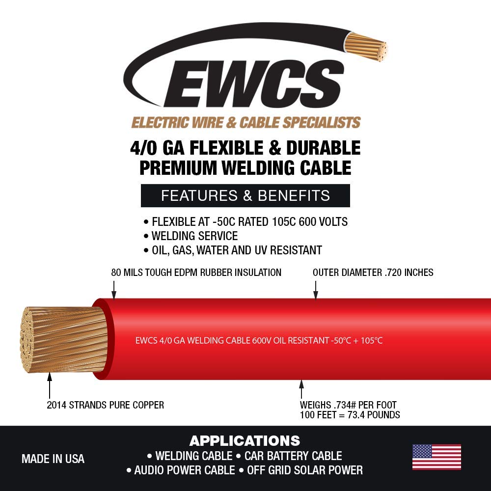4/0 Gauge - 30 Feet Red - EWCS Brand 100% Copper Premium Industrial Grade Extra Flexible Welding Cable 600 Volt