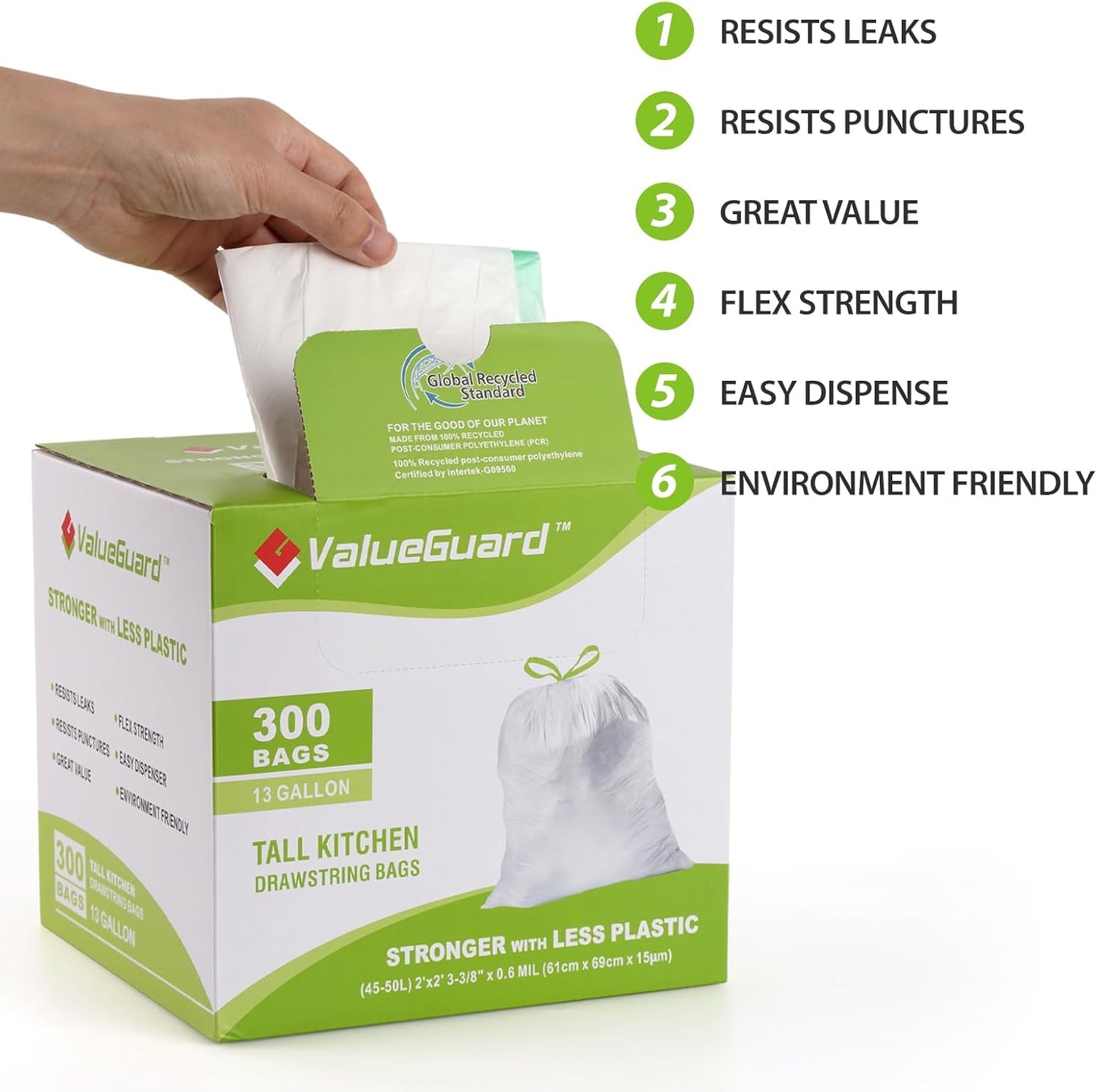 ValueGuard 13 Gallon Tall Drawstring Trash Bags - 100% Recycled Waste Bags for Kitchen & Office (300 Count)