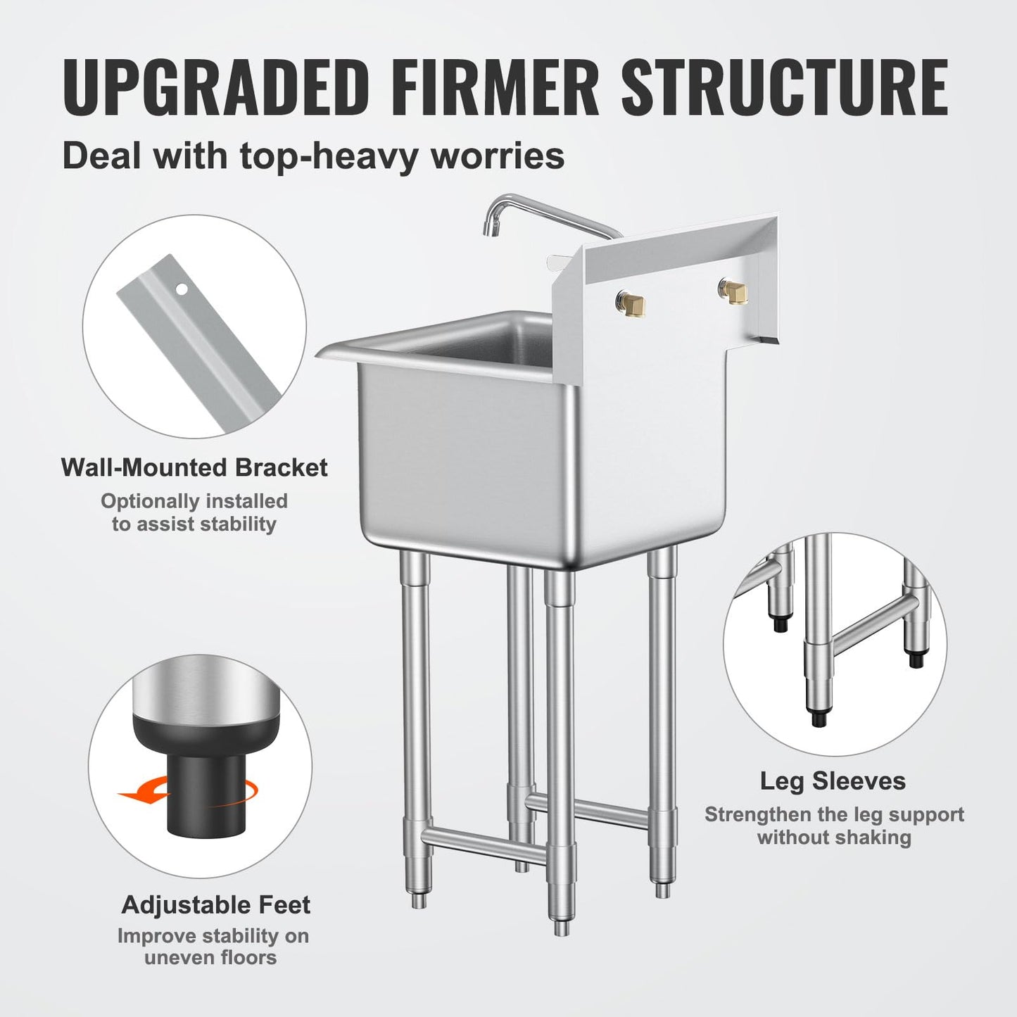 VEVOR Stainless Steel Prep & Utility Sink, 1 Compartment Free Standing Small Sink Include Faucet & legs,commercial Single Bowl Sinks for Garage, Restaurant, Kitchen, Laundry
