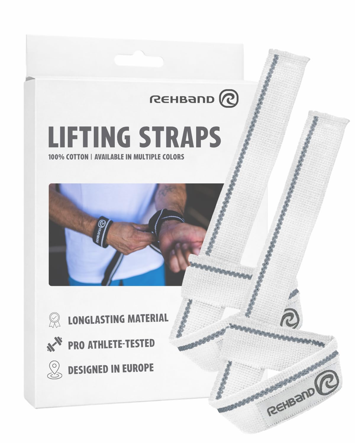 Rehband Lifting Straps for Strength Training, 1 Pair Fitness Pull Straps, 100% Cotton, 56cm Grip Support for Bodybuilding, More Grip Strength Weightlifting, Colour:Arctic/White, Size:One Size